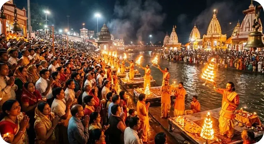The evening Ganga Aarti on the ghats at Rishikesh