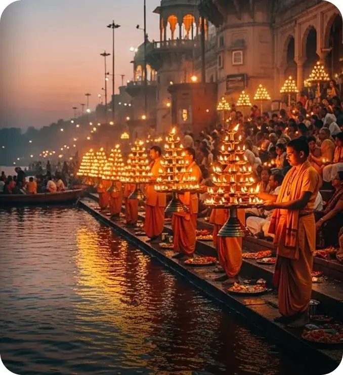 A riverside ghat on the Ganges, the kind of site associated with Kumbh Mela bathing