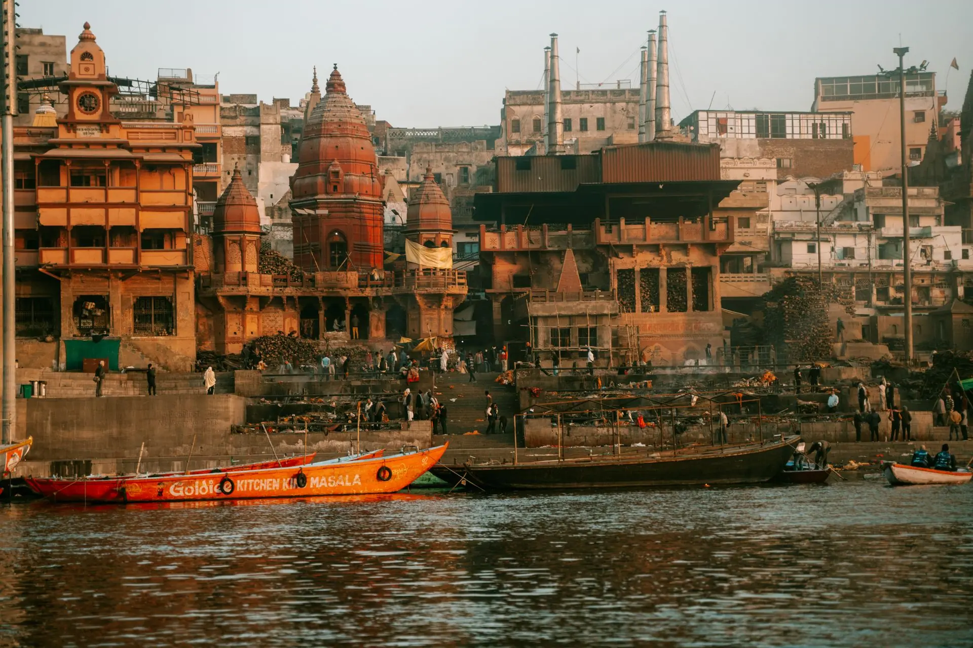 Manikarnika Ghat along the Ganges River in Varanasi, showcasing local architecture and spiritual significance
