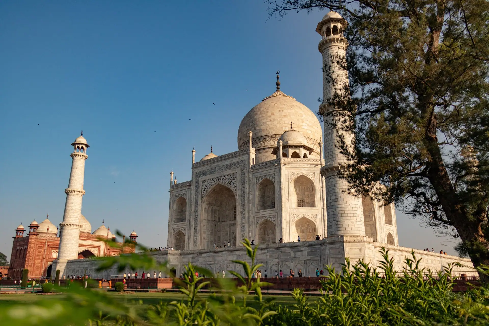 Beautiful view of the Taj Mahal at Agra, showcasing iconic Mughal architecture and serene surroundings