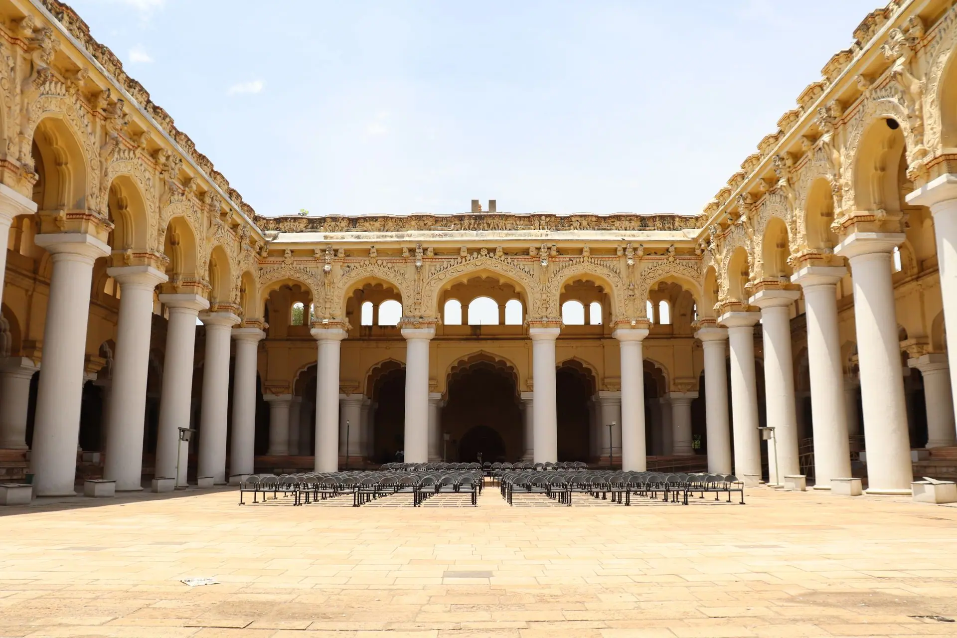 Stunning view of Thirumalai Nayakkar Palace, showcasing its intricate architecture in Madurai, India