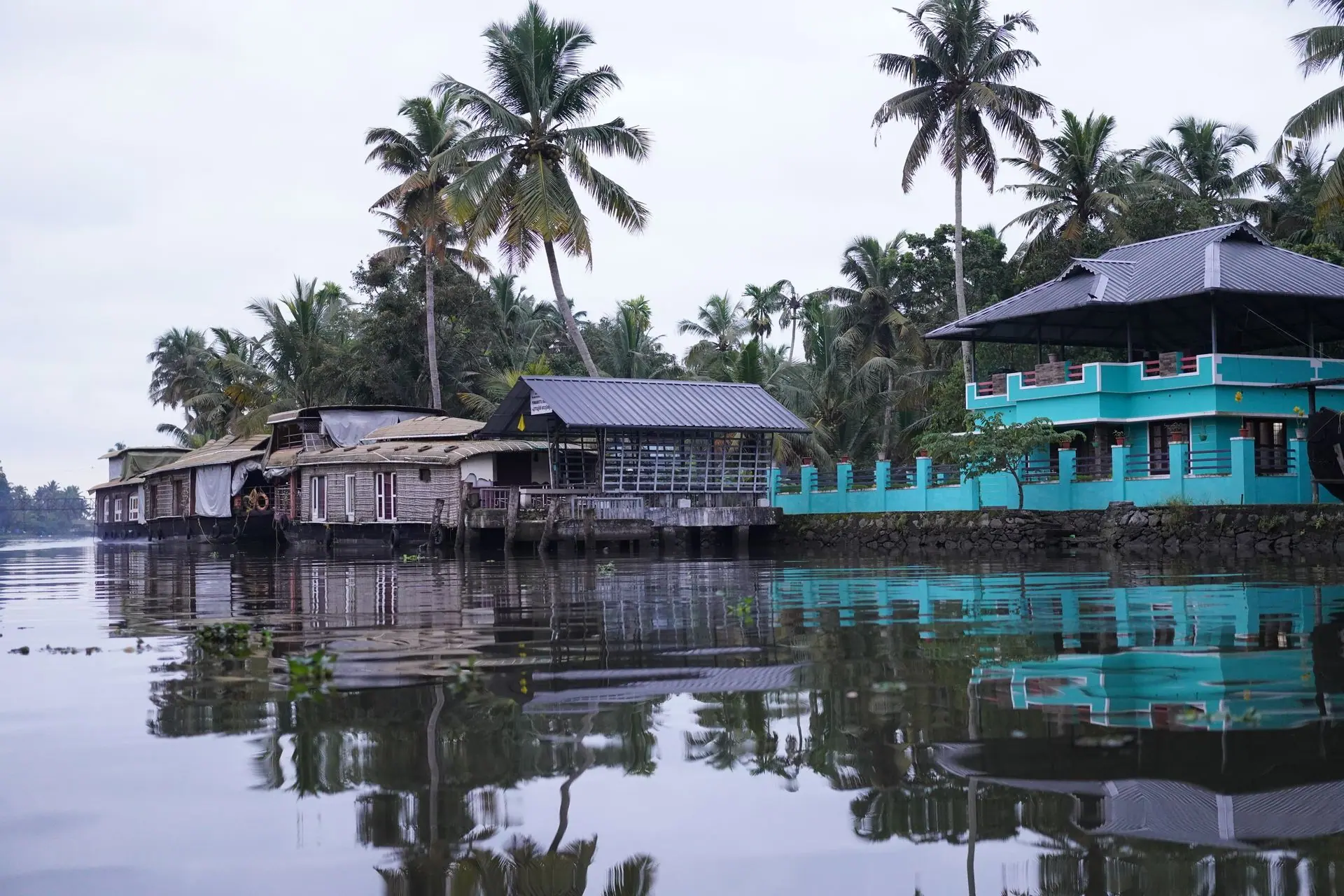 Peaceful scene of houseboats along the backwaters of Alappuzha, Kerala, surrounded by lush palm trees