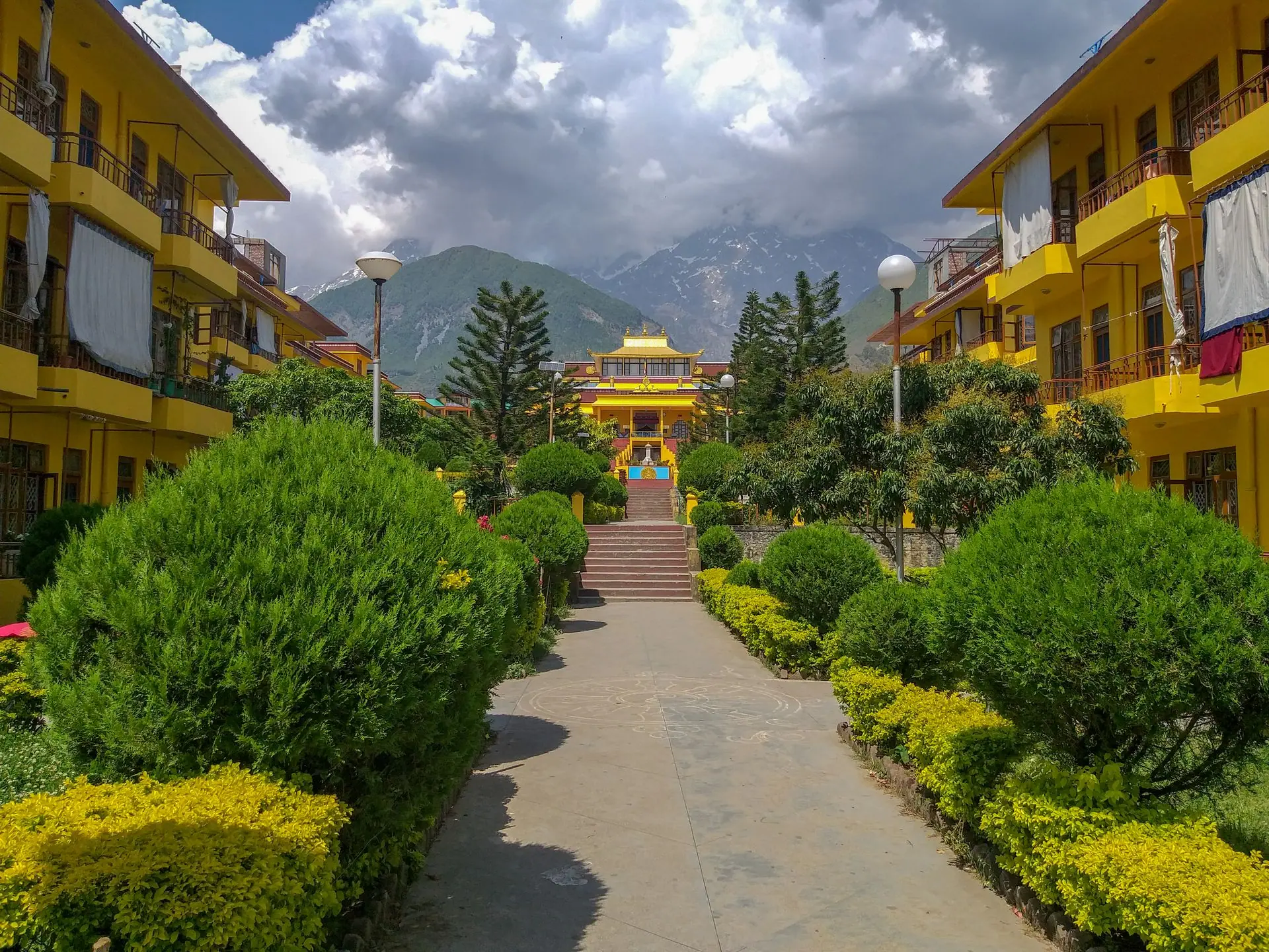Vibrant Buddhist monastery amidst lush greenery in Dharamshala, Himachal Pradesh, with mountain backdrop