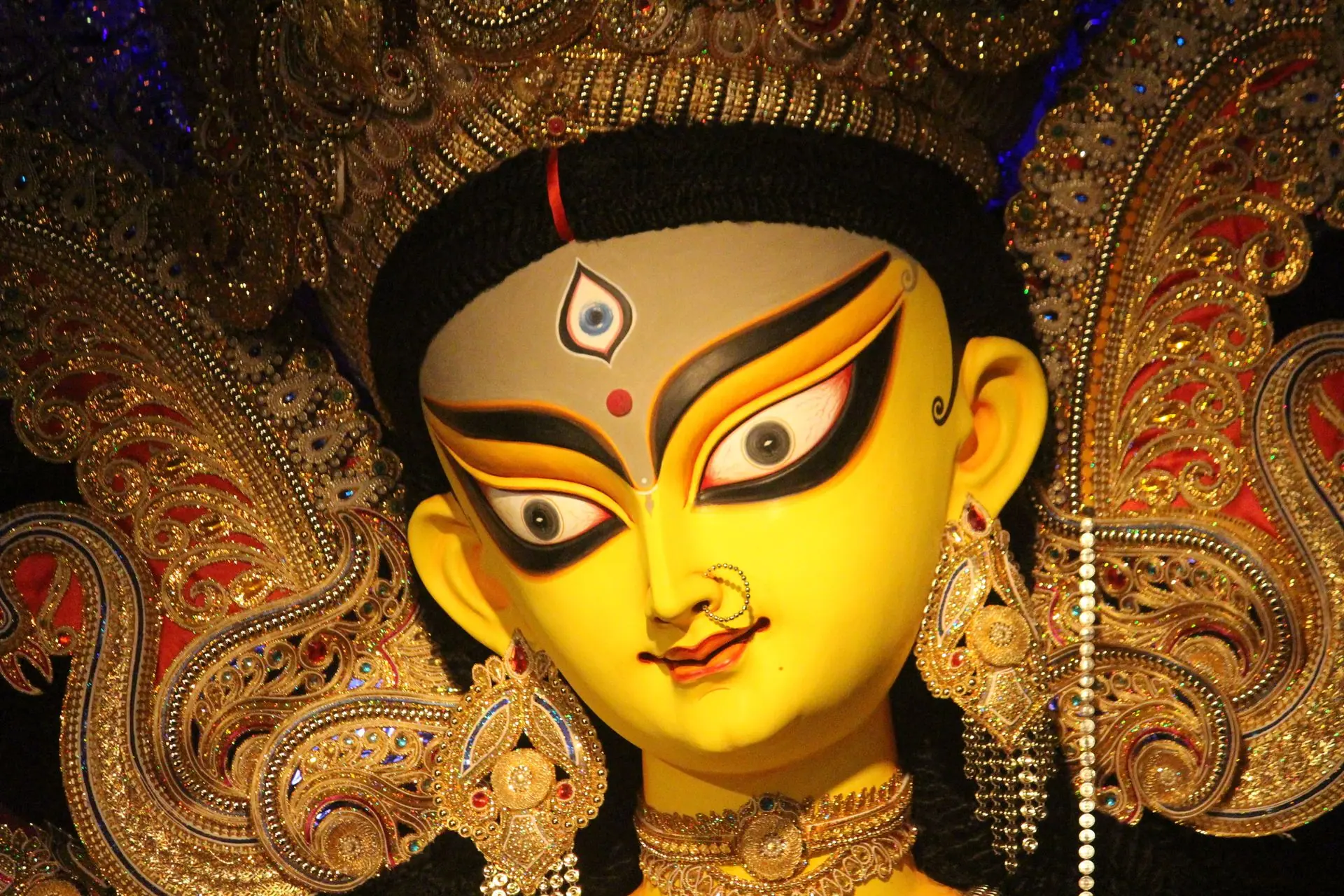 Close-up of a beautifully adorned Durga idol during a festival in Kolkata, India