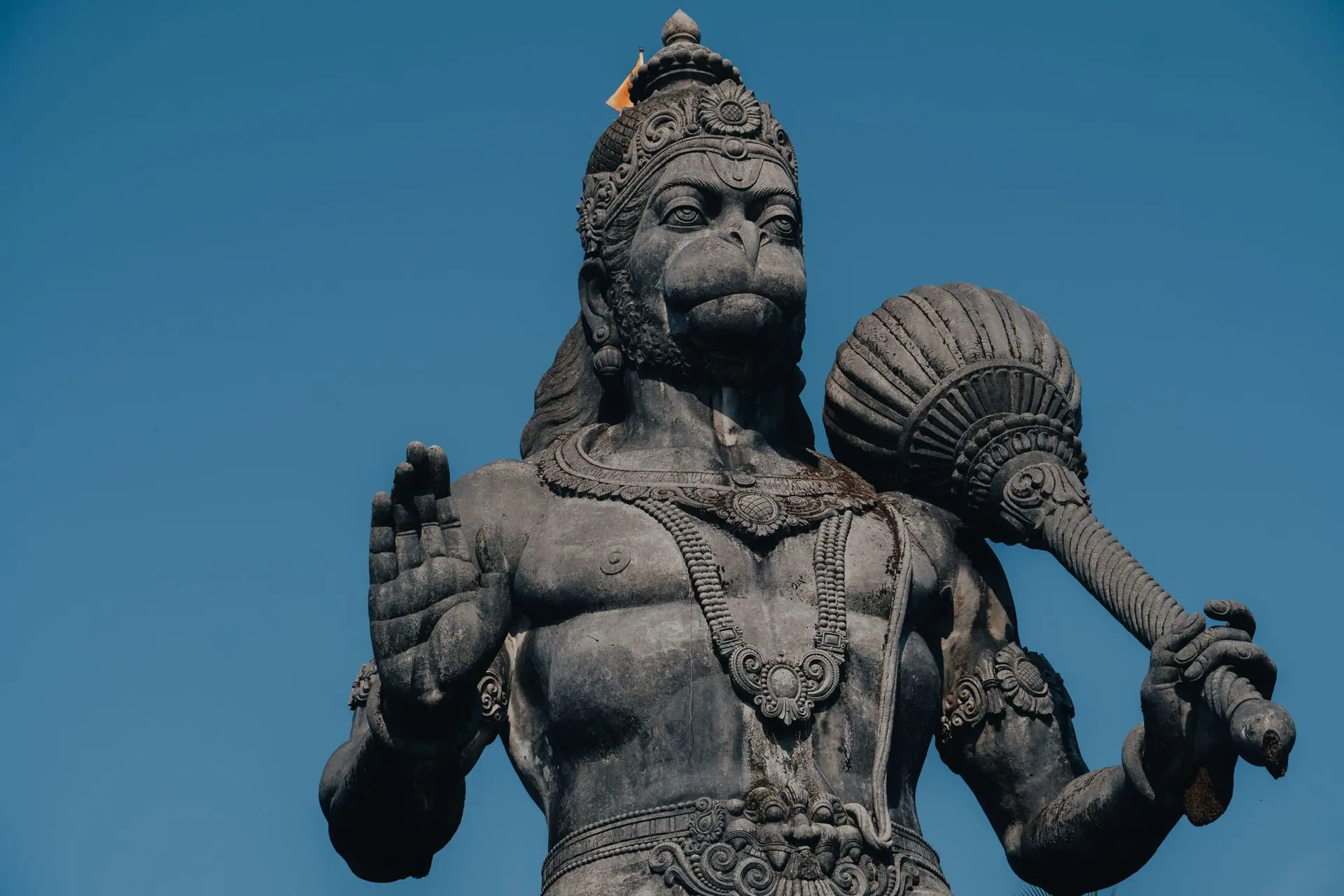 Close-up view of the Hanuman statue in Bengaluru, showcasing intricate details and cultural significance