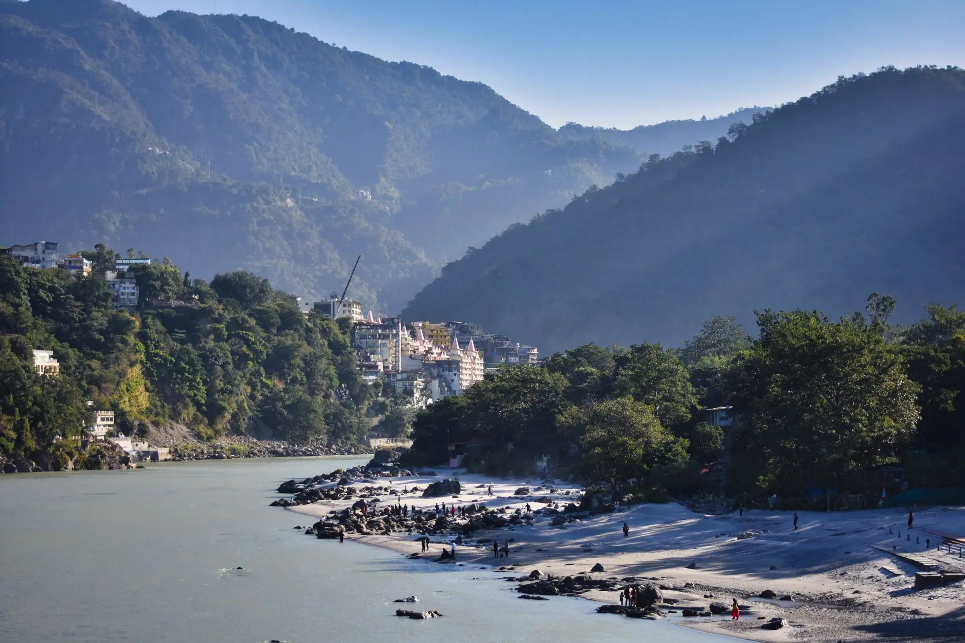 Beautiful aerial shot of Haridwar with the Ganges River and lush green hills