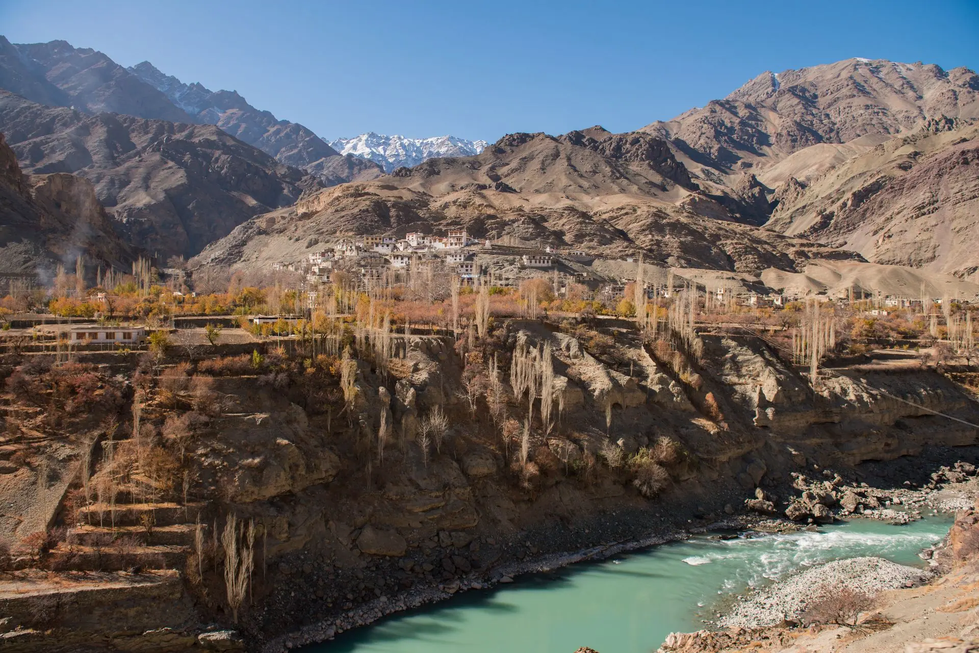 Beautiful mountainous landscape in Ladakh with a monastery, river, and scenic views
