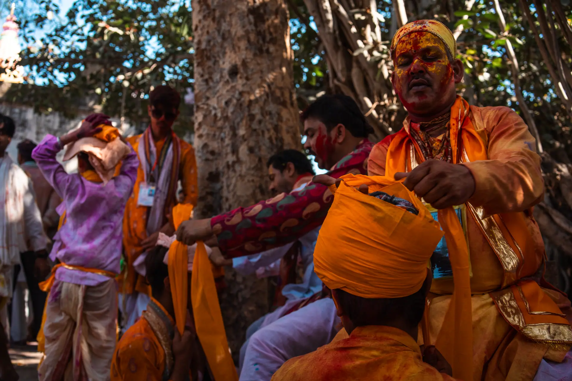 Colorful Holi festivities in Barsana, India featuring traditional costumes and rituals