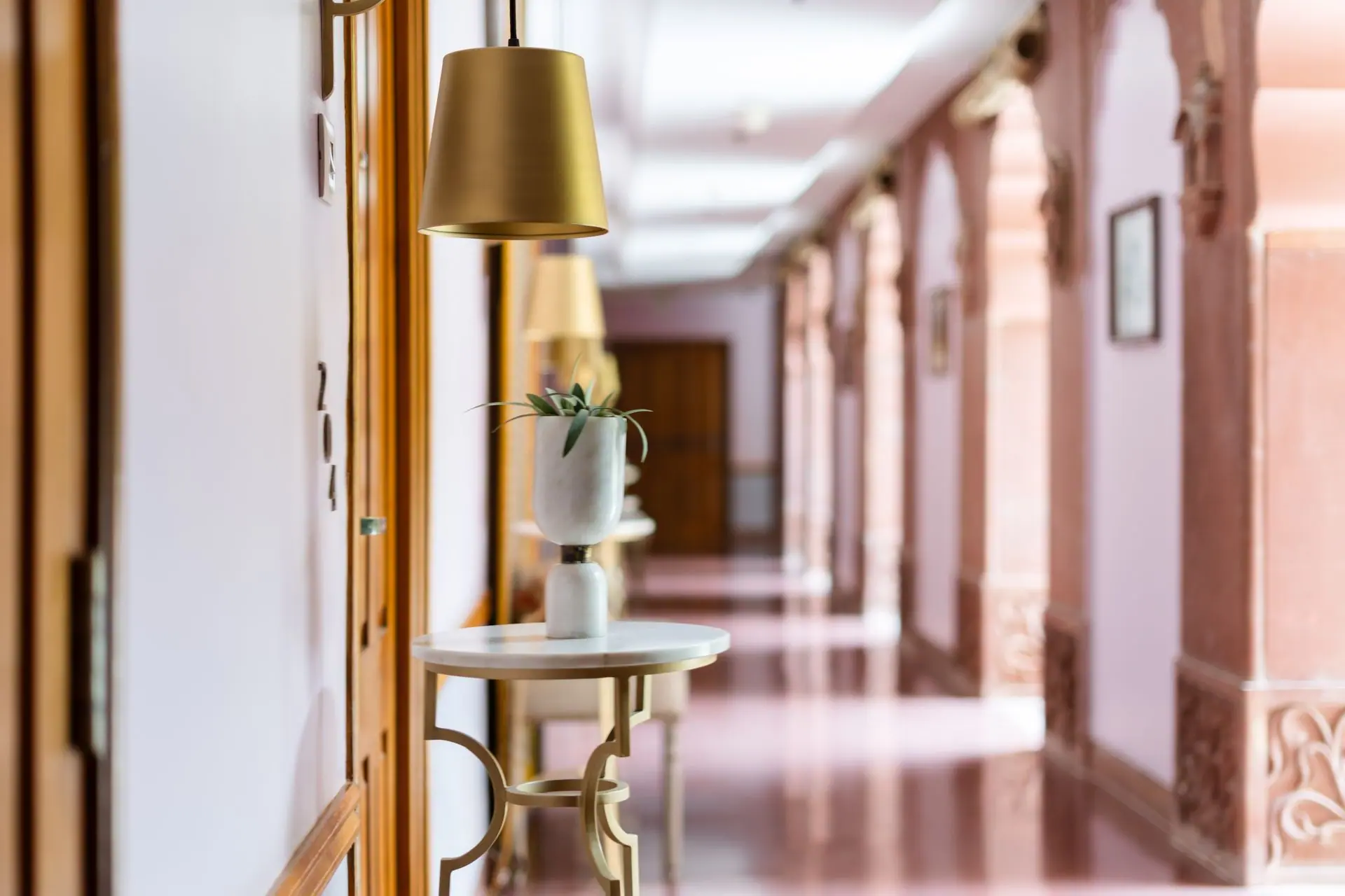 Elegant corridor of a heritage hotel in Bikaner, showcasing Indian architectural charm and luxury design