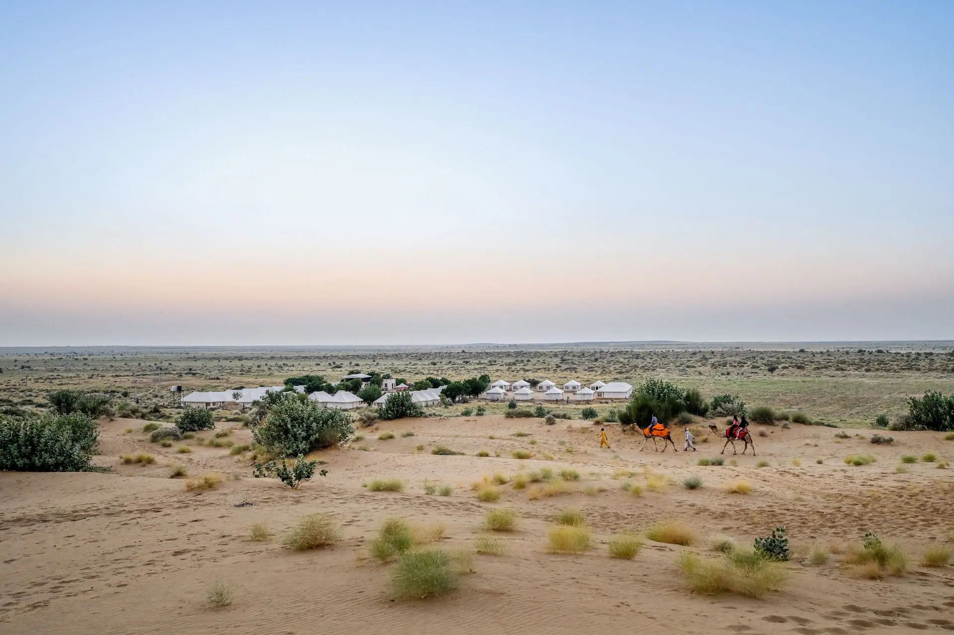 A scenic view of a camel caravan near tents at sunset in the Thar Desert, Jaisalmer