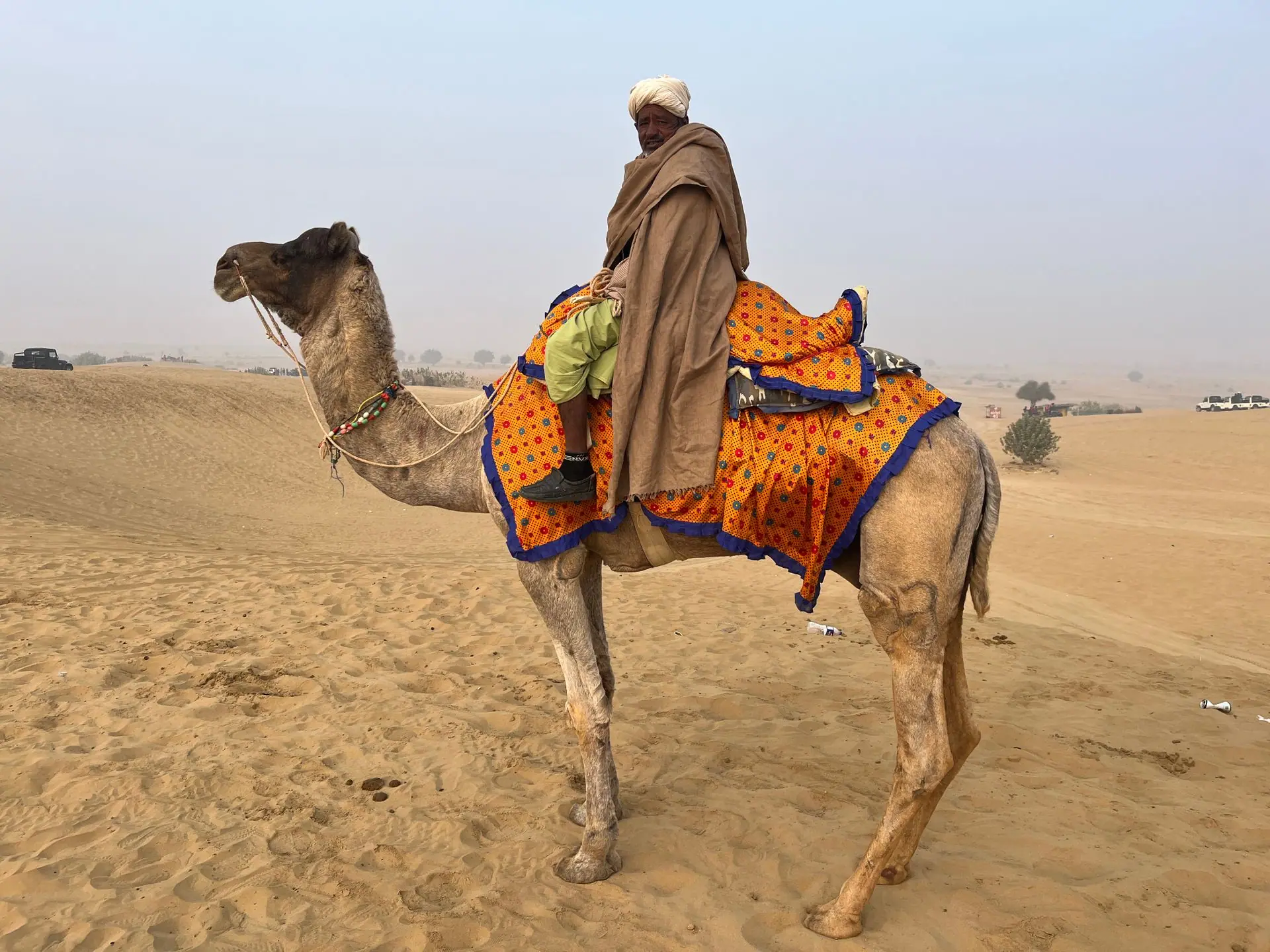 A camel rider in vibrant traditional attire traverses the sandy dunes of Jaisalmer, Rajasthan