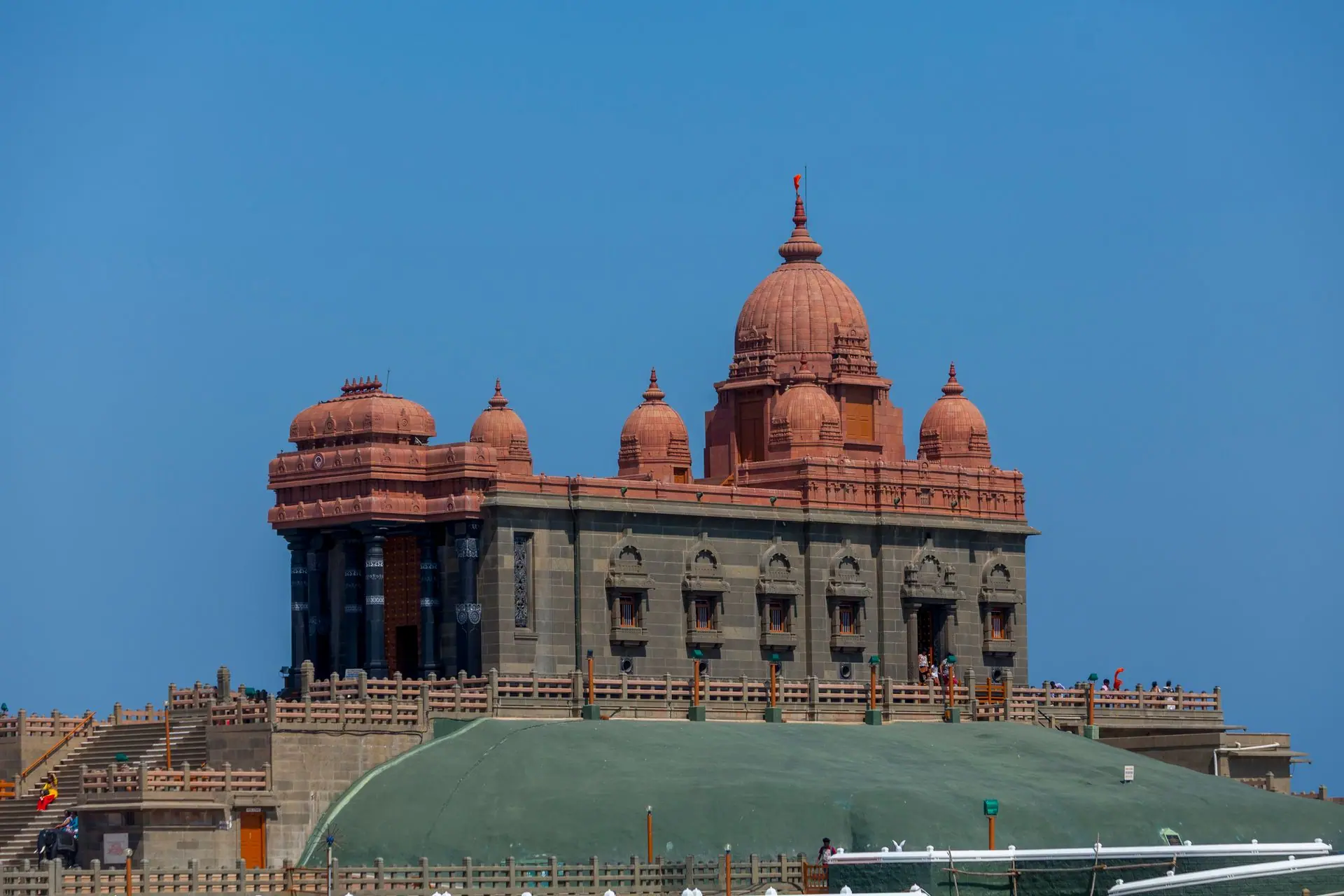 Vivekananda Rock Memorial, a historical monument against clear blue skies in Kanyakumari
