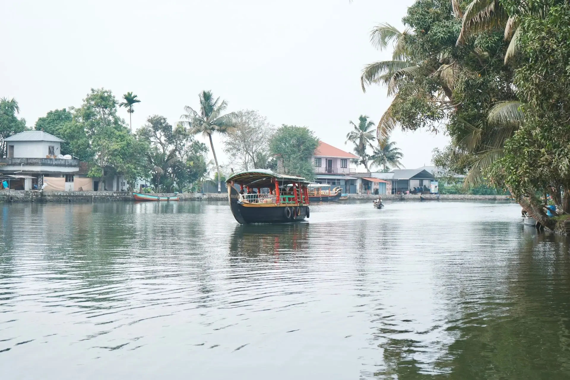 Serene view of a houseboat on Kerala's lush, tranquil backwaters with coconut trees and quaint houses