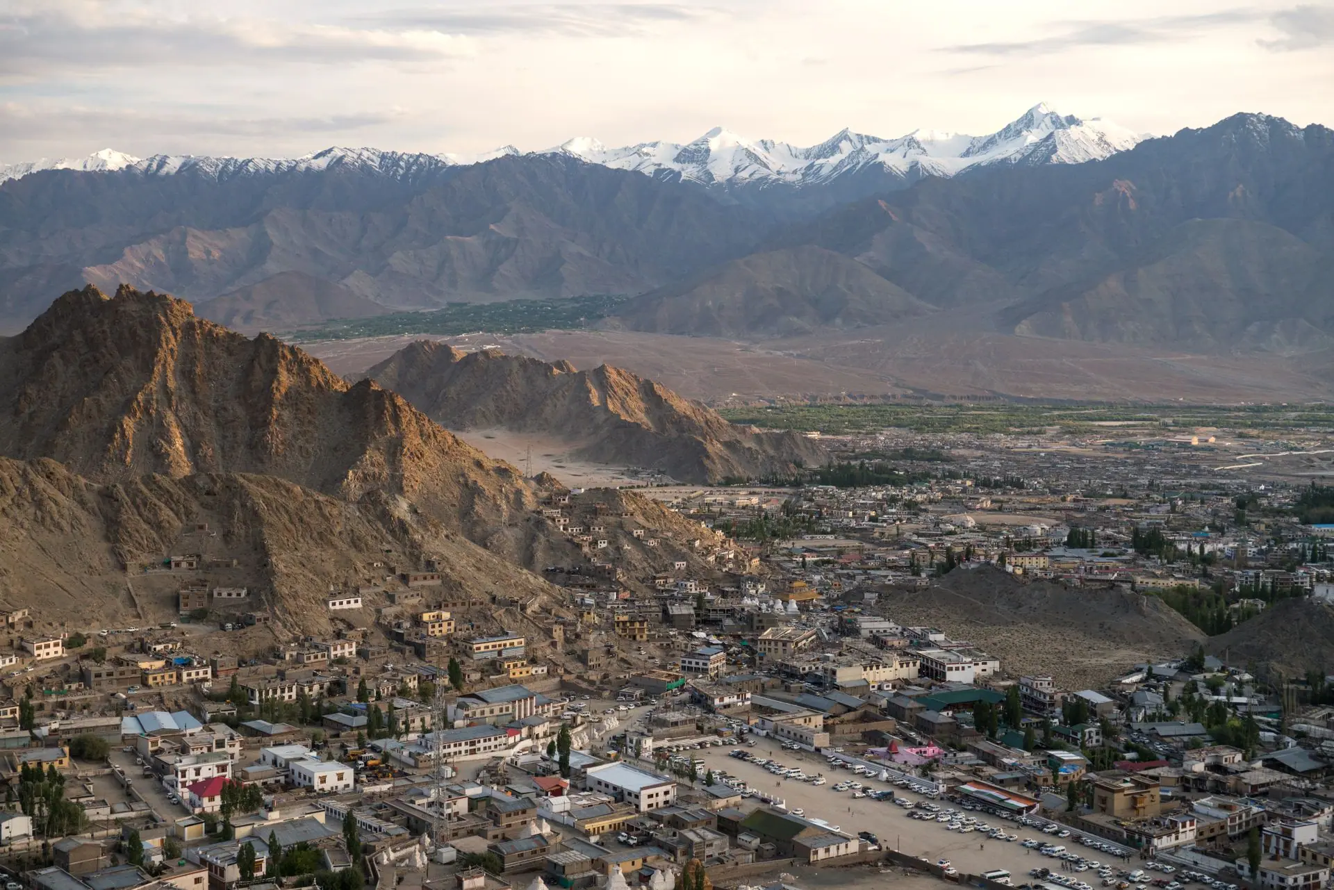 A breathtaking aerial view of Leh city surrounded by mountains in Ladakh, India