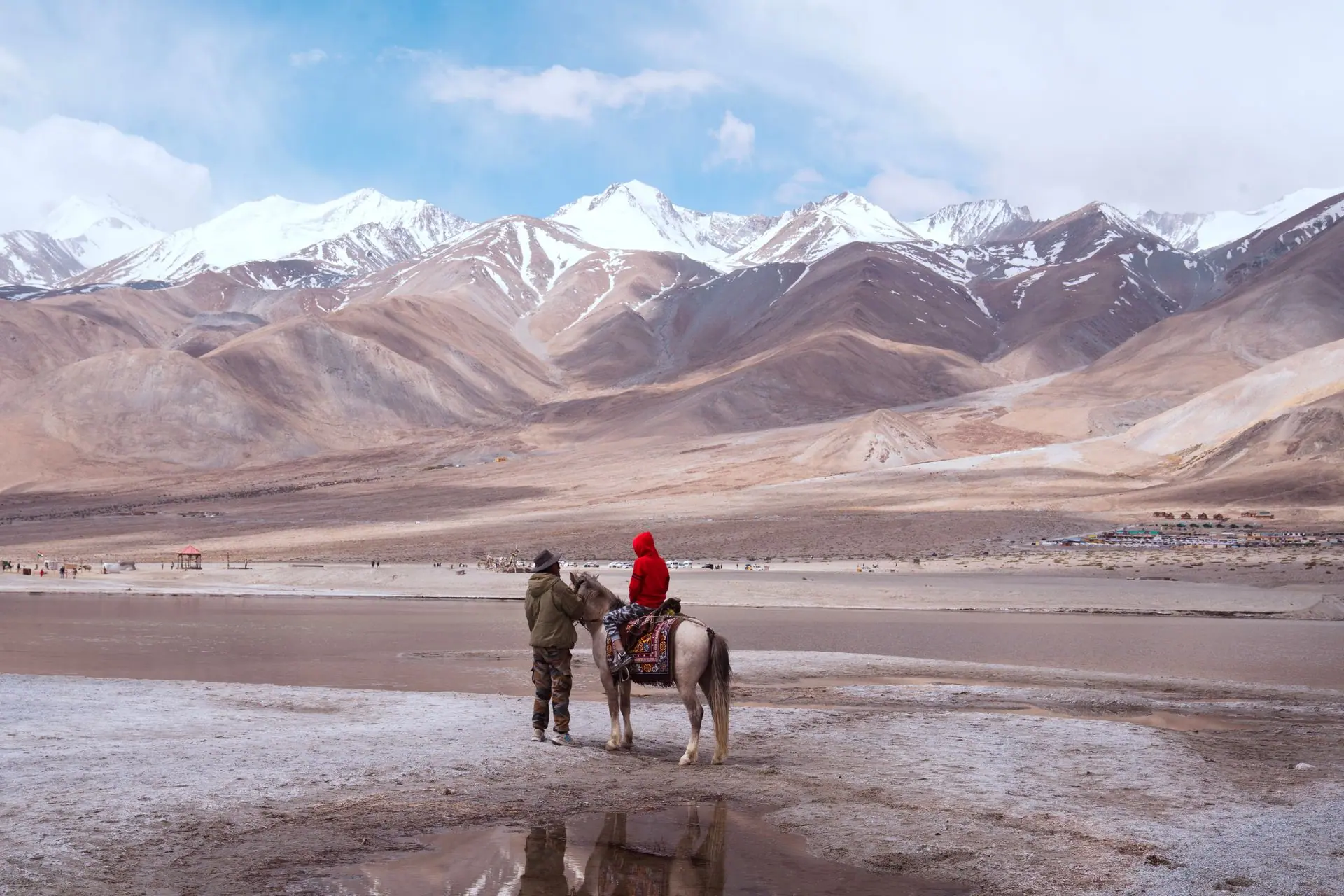 A serene moment captured at Pangong Lake, Ladakh, featuring horseback riding by snow-capped mountains
