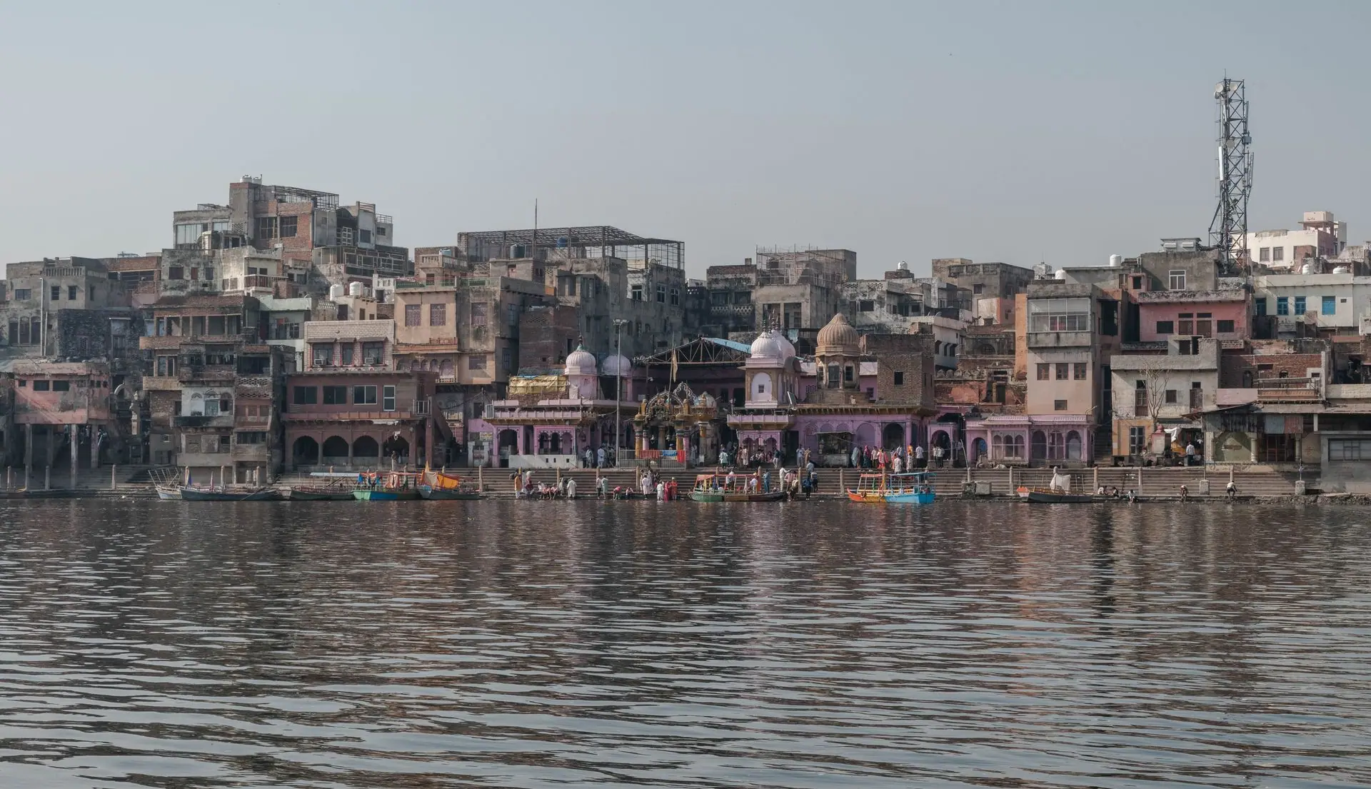 Picturesque view of historic ghats along Yamuna River in Mathura, Uttar Pradesh, India