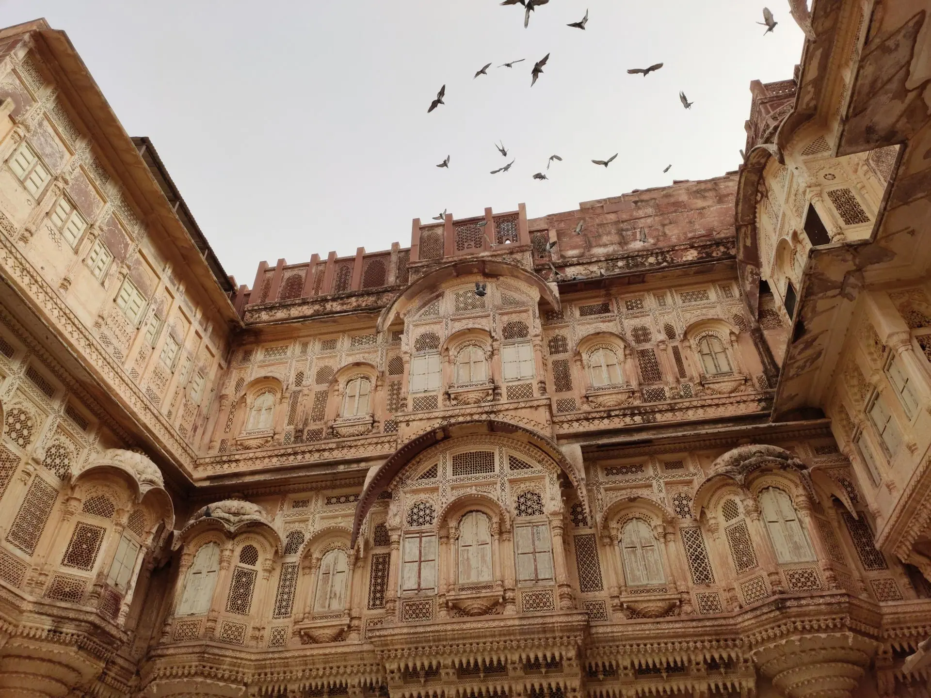 Explore the intricate architecture of Mehrangarh Fort in Jodhpur with birds soaring overhead, captured during the day