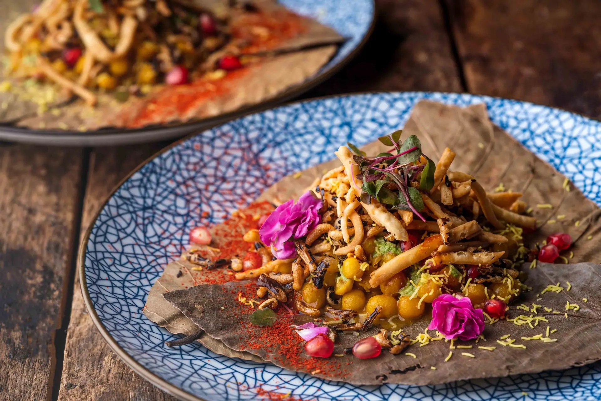 Vibrant Indian street food dish with edible flowers and spicy garnish on a decorative plate
