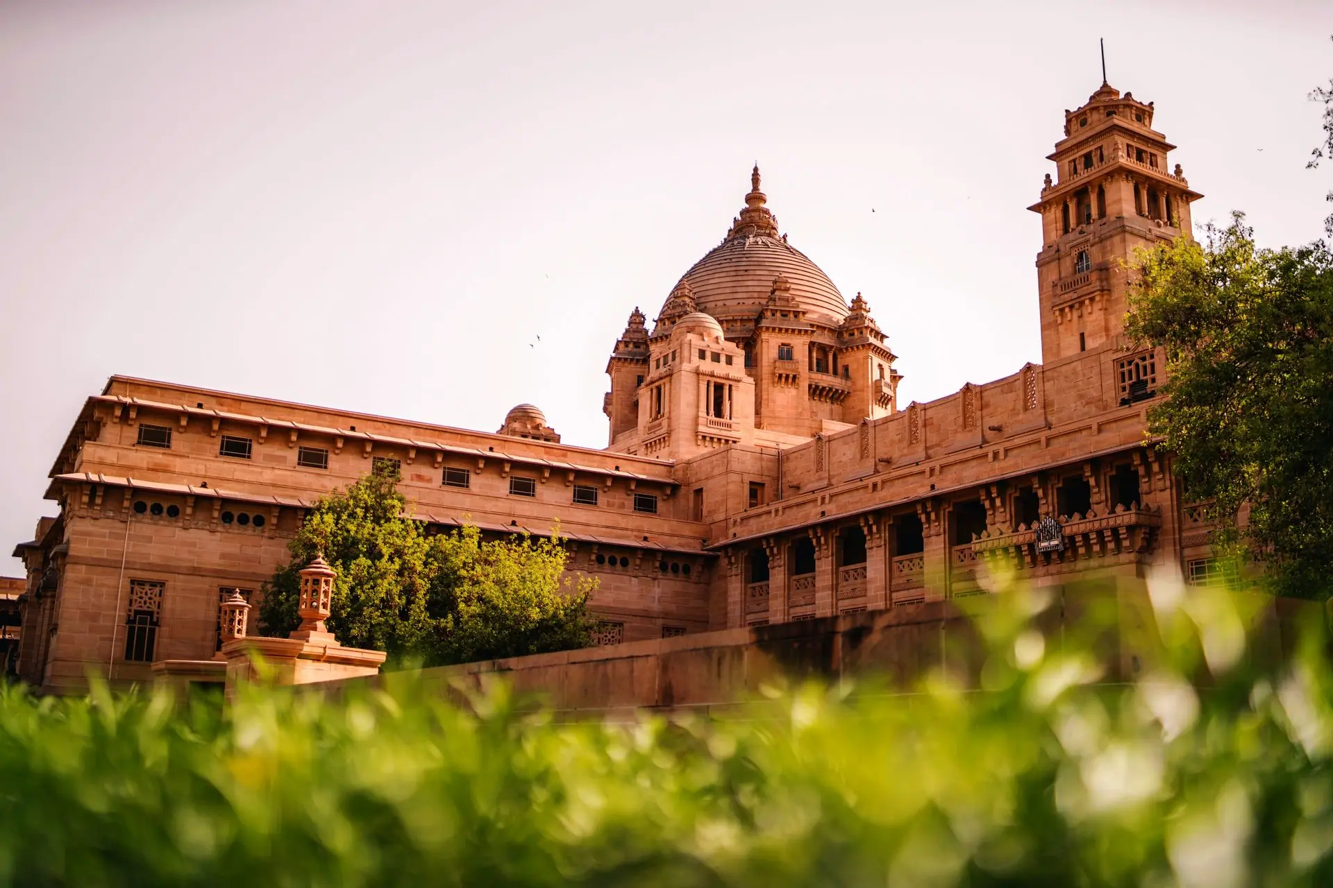 Stunning low-angle view of Umaid Bhawan Palace, a landmark in Jodhpur, India