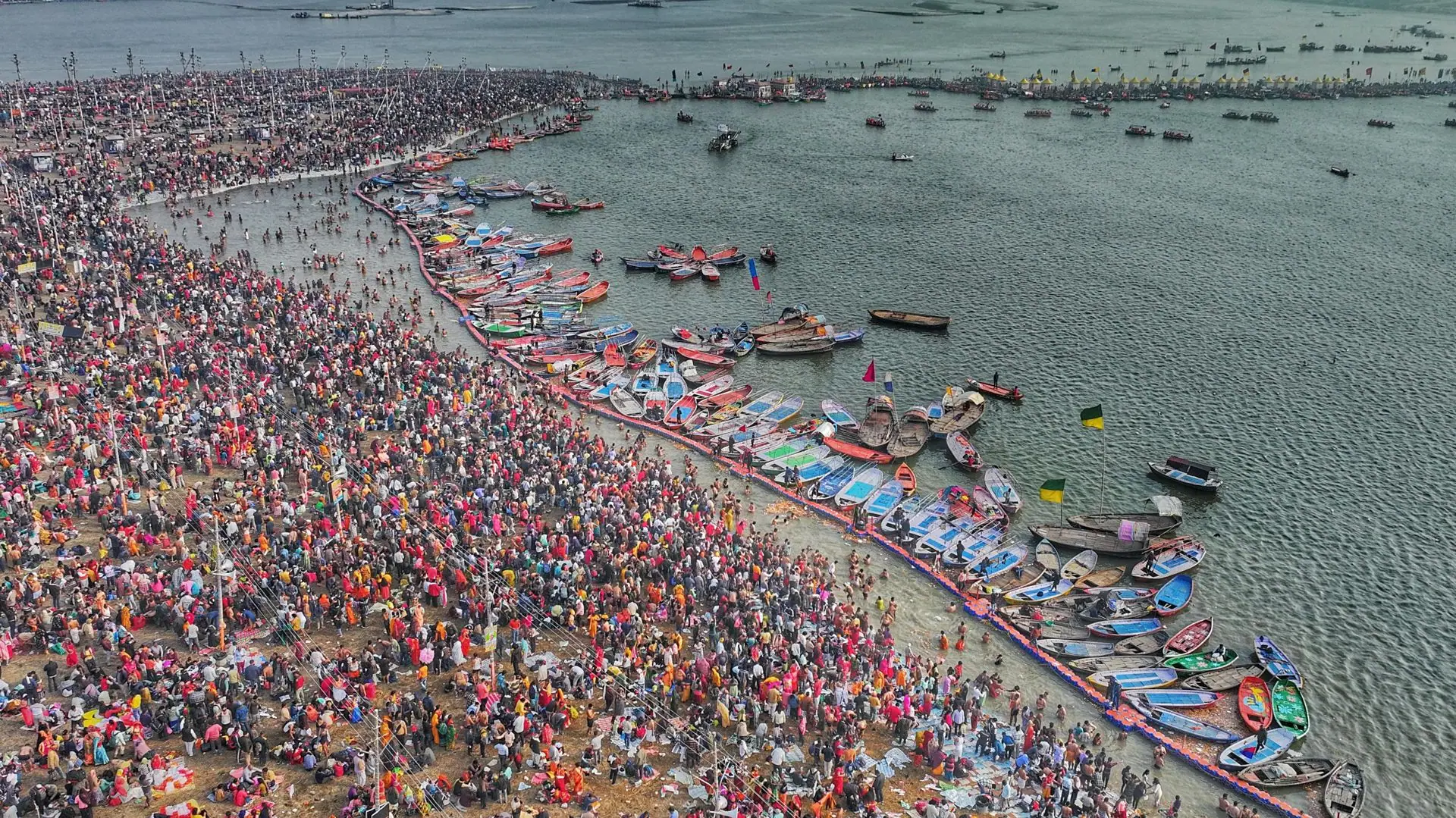 Arial view of crowds and boats during Kumbh Mela at Triveni Sangam, Prayagraj