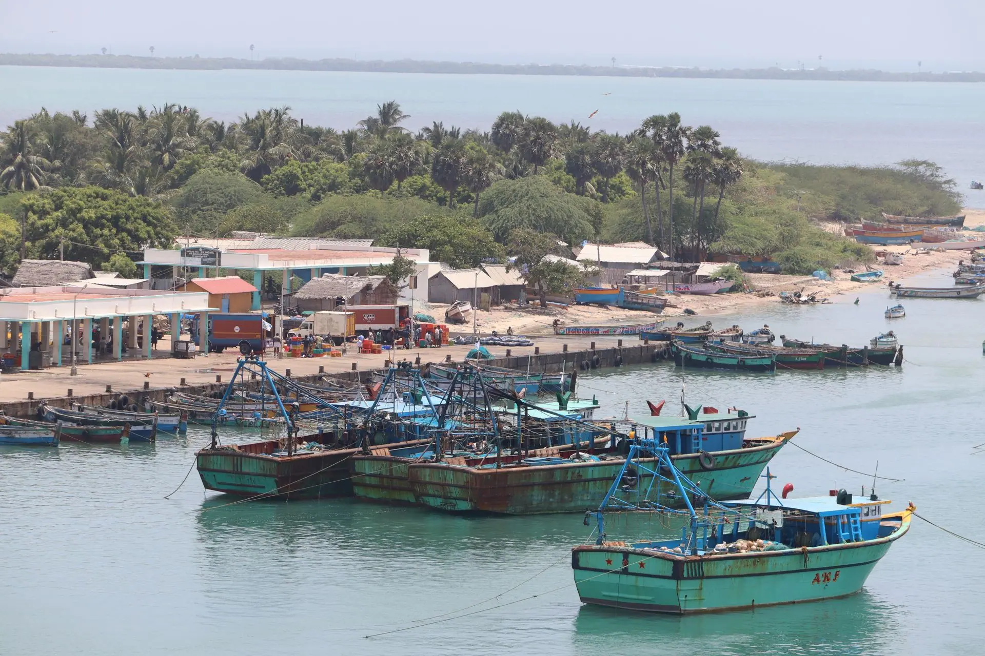 Aerial view of fishing boats docked at Rameswaram harbor with lush greenery lining the coast