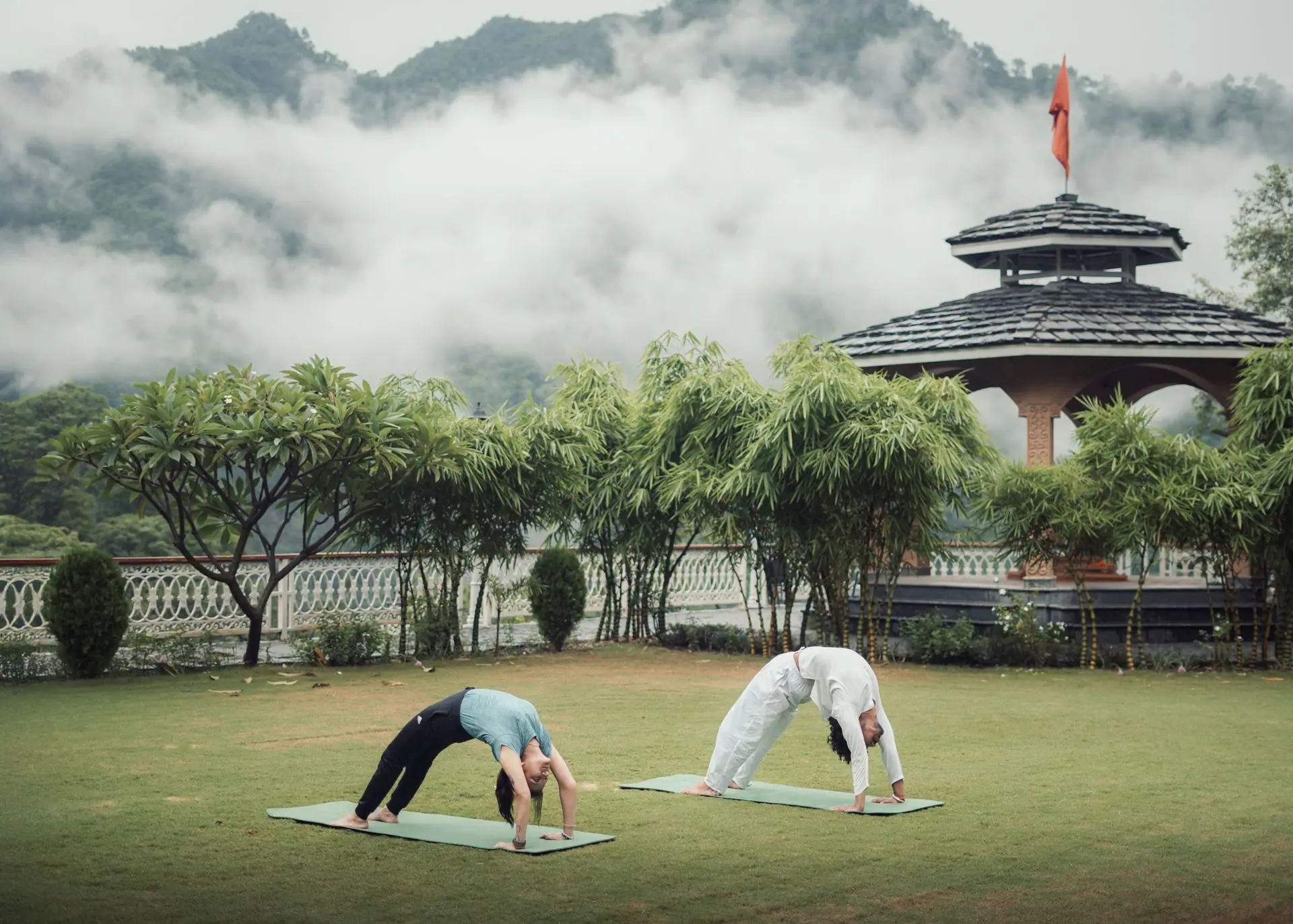 A serene outdoor yoga session with the Himalayas as a backdrop in Rishikesh, India