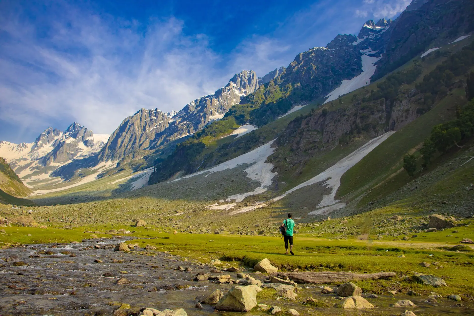 A lone adventurer walks through the stunning mountainous landscape of Sonamarg, Kashmir