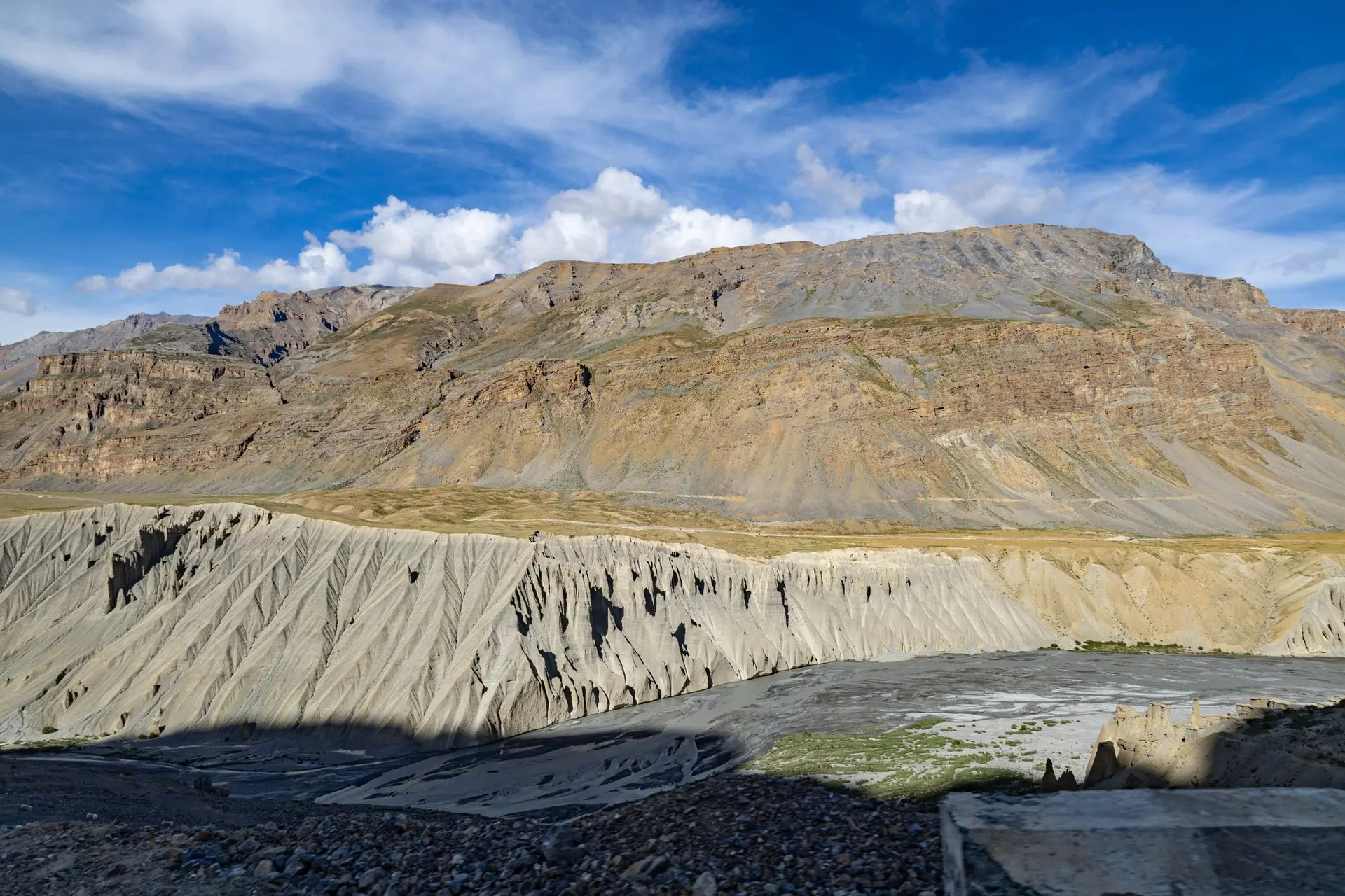 Stunning view of eroded mountains in Spiti Valley under a vibrant blue sky