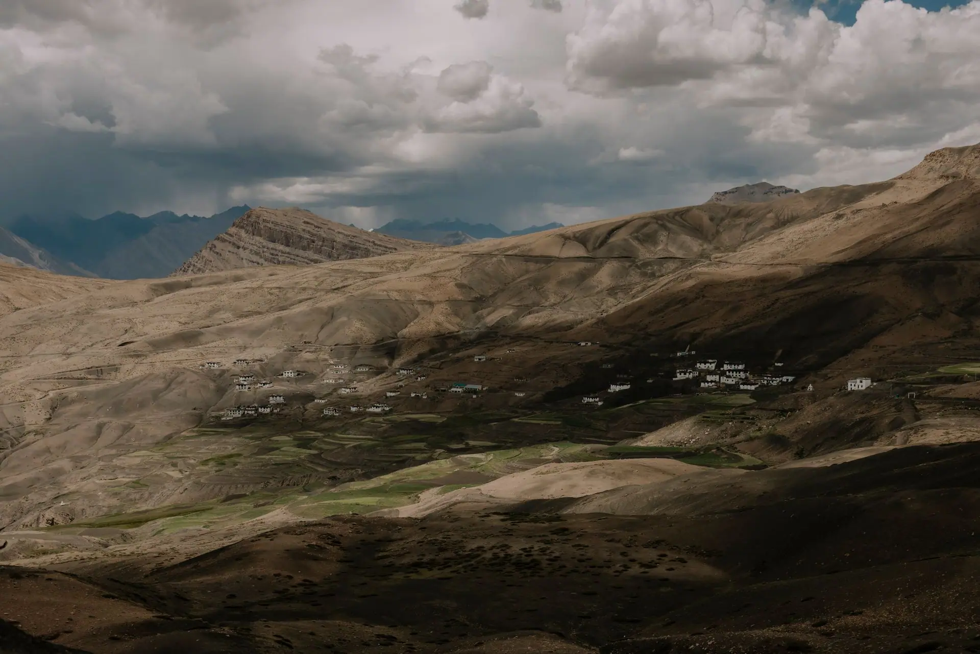A stunning aerial shot of Spiti Valley's dramatic mountains and landscapes under a cloudy sky