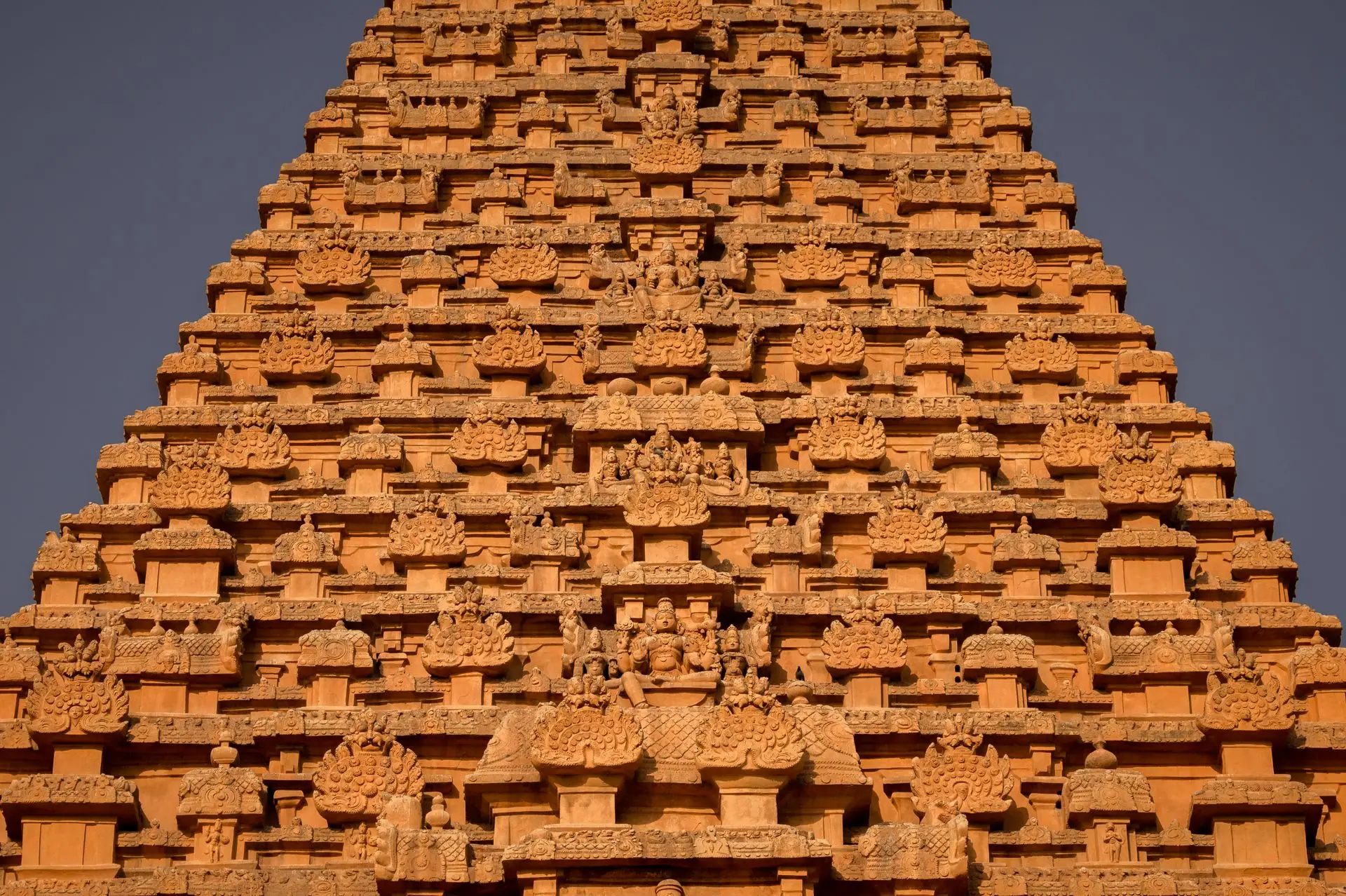 Close-up of the ornate carvings on Brihadisvara Temple tower in Tamil Nadu, India