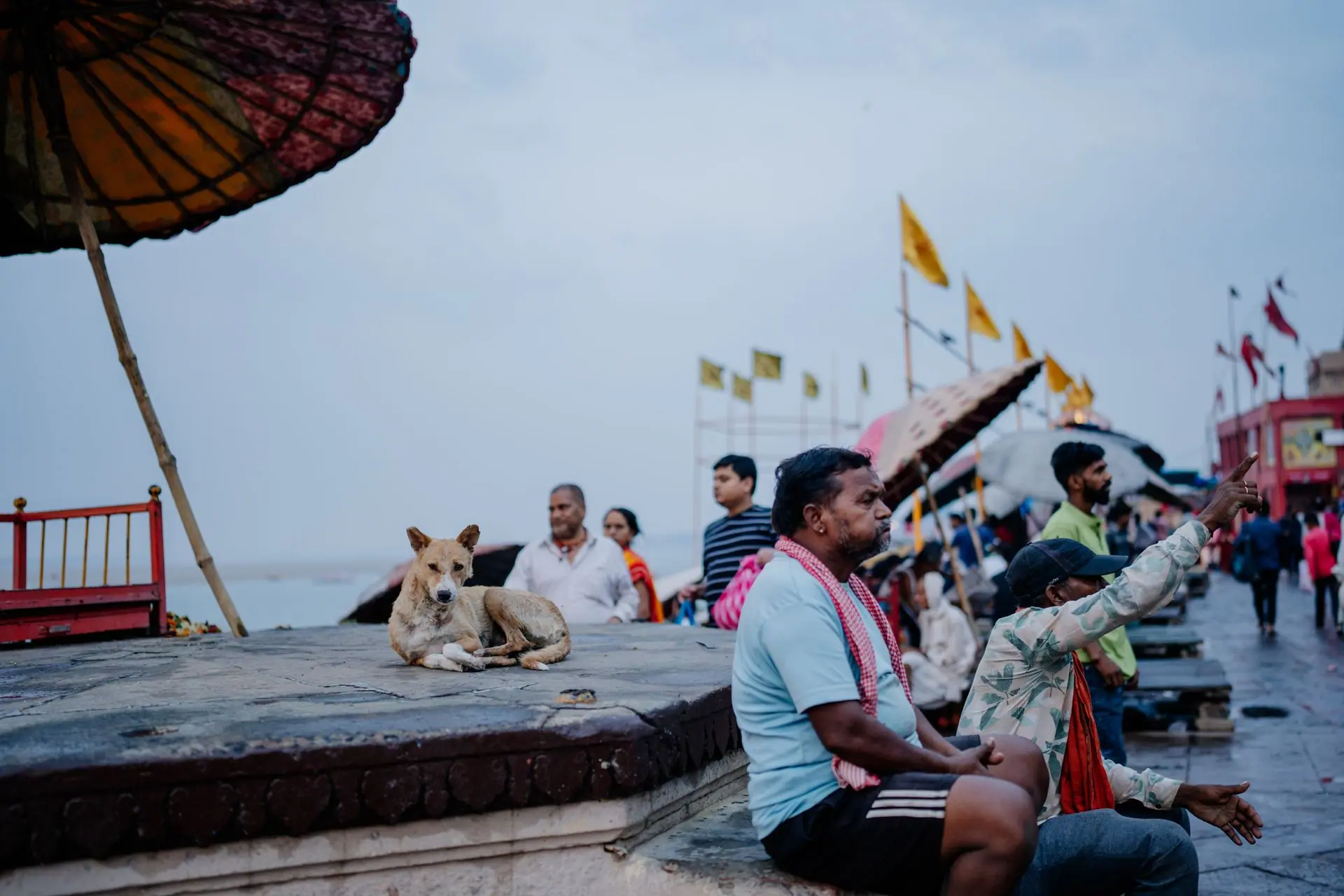A vibrant street scene at Varanasi Ghats, featuring locals and a dog under an umbrella during the day