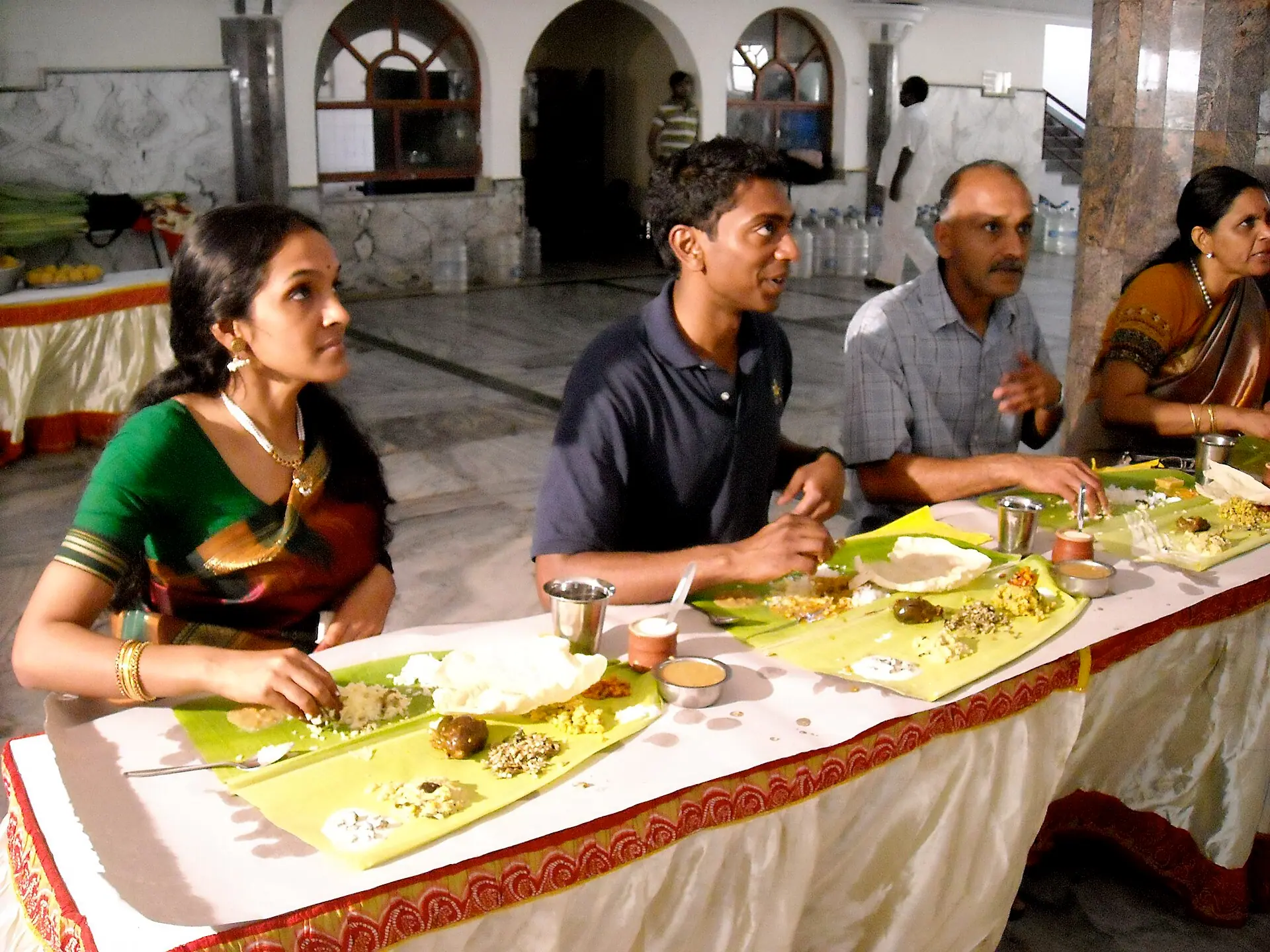 A thali served on banana leaf during a wedding, south India