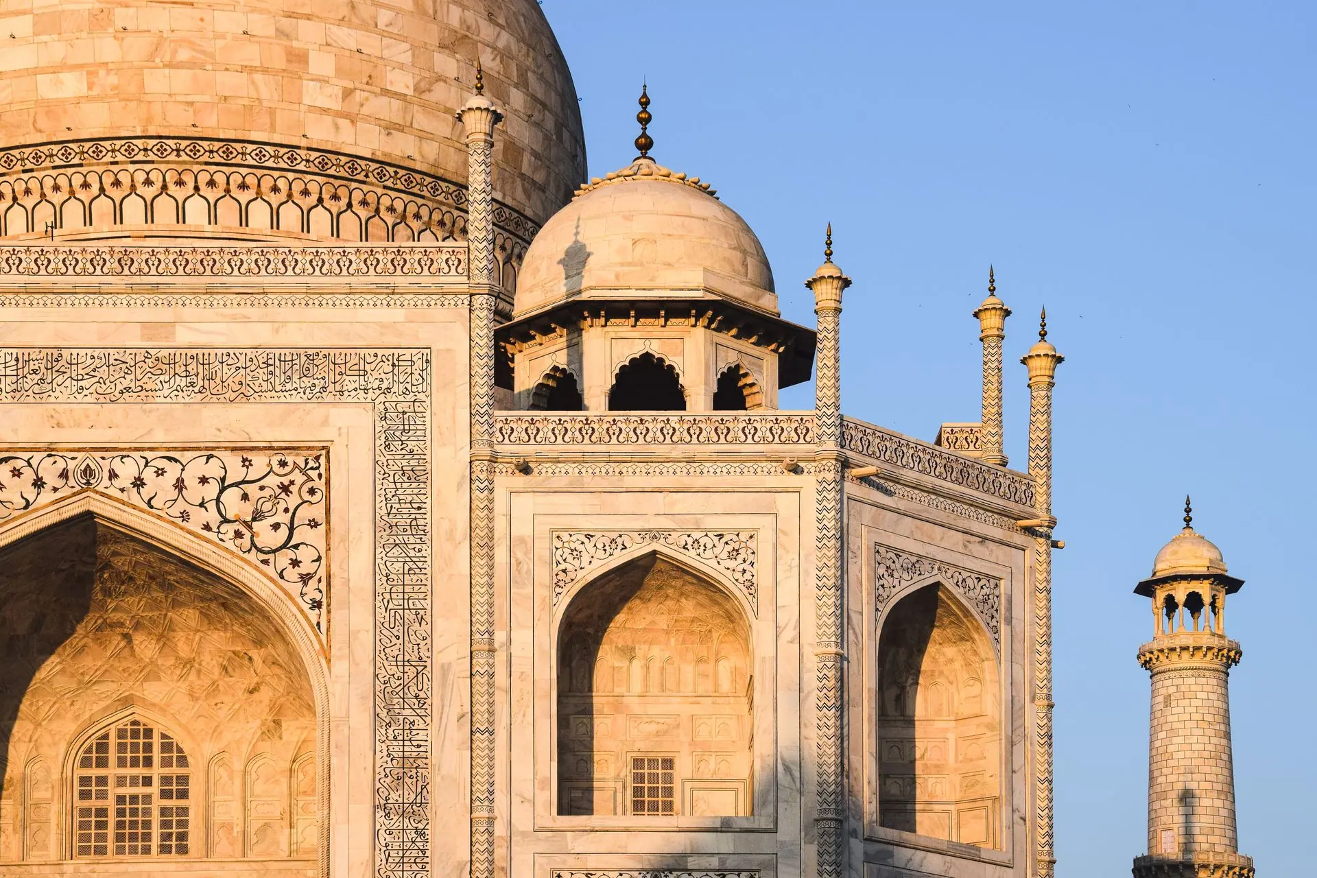 Detailed view of Taj Mahal's intricate architecture in Agra, India during the day