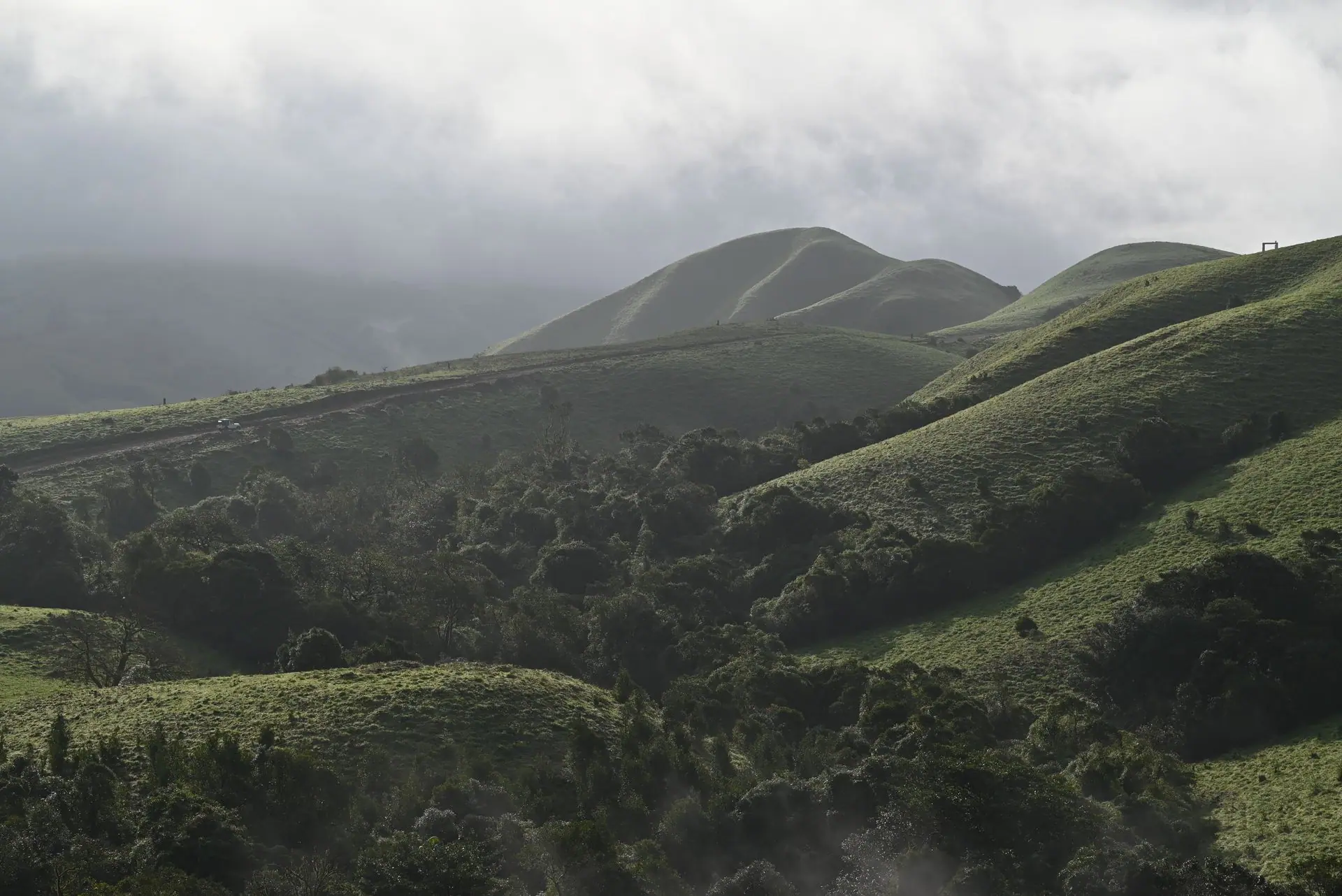 Scenic view of rolling green hills in Madikeri, India under dramatic cloudy skies