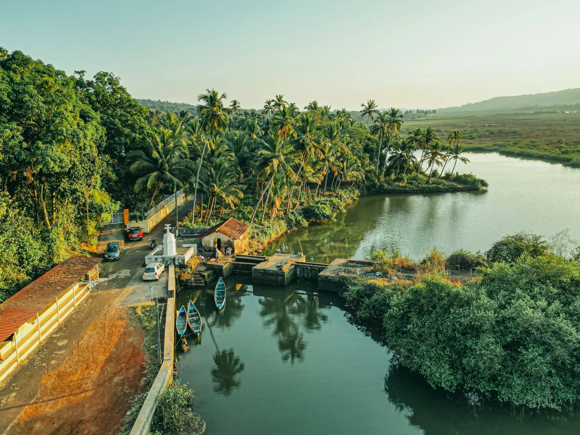 Aerial view of a river, palm trees, and a rural road in Chorao, Goa, India during daytime