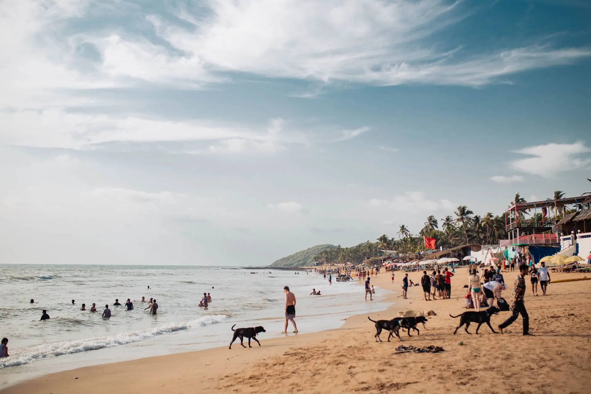 Bustling Baga Beach in Goa, India, with people enjoying a sunny day by the sea