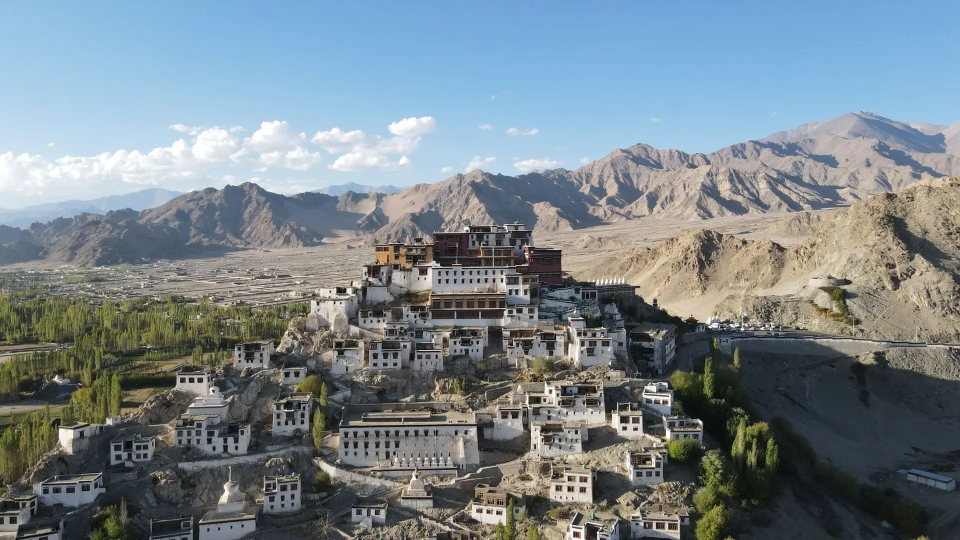 Stunning aerial view of Thiksey Monastery nestled in the mountainous landscape of Ladakh, India