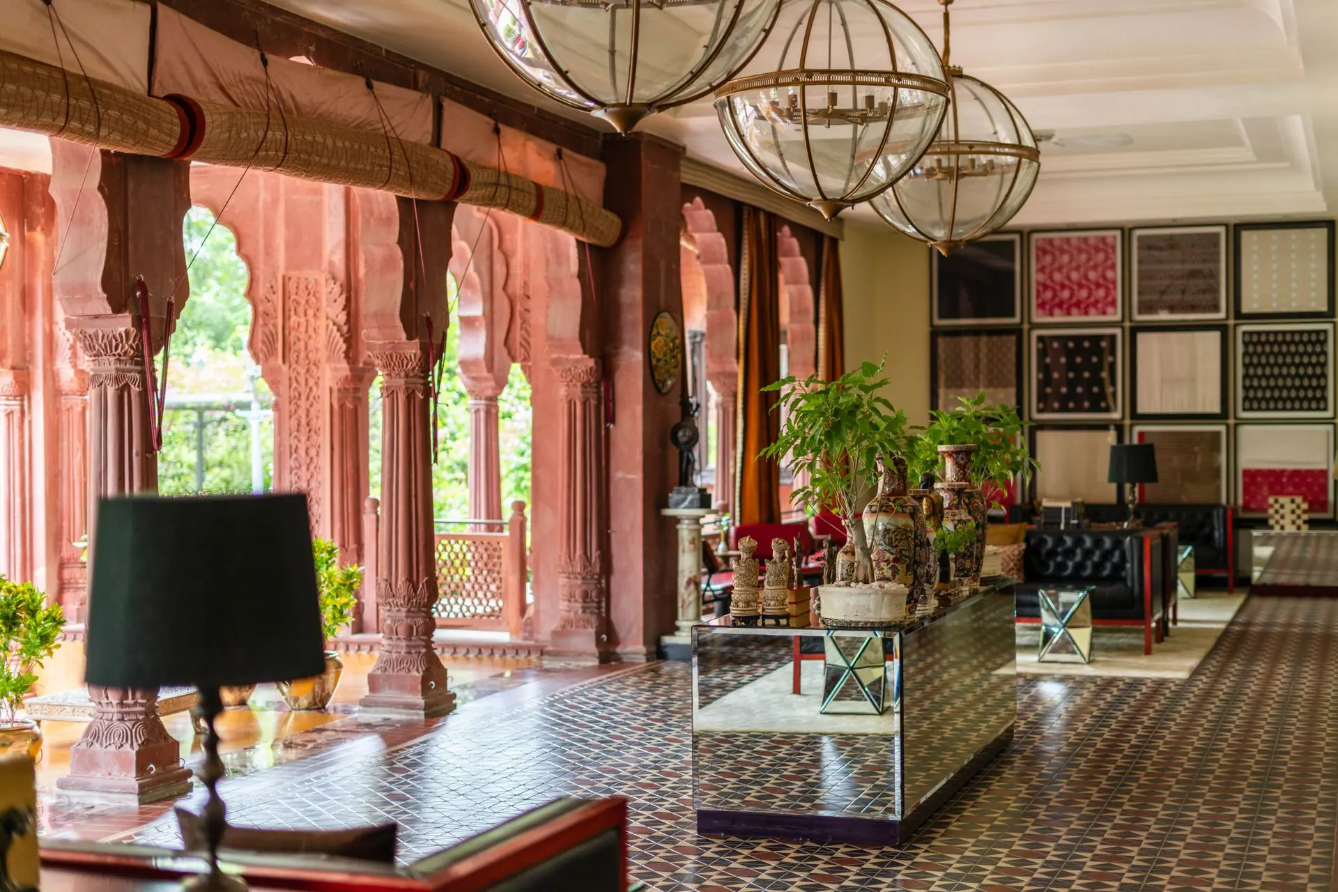 Beautifully designed hotel lobby in Bikaner, Rajasthan, showcasing elegant Indian heritage architecture and decor