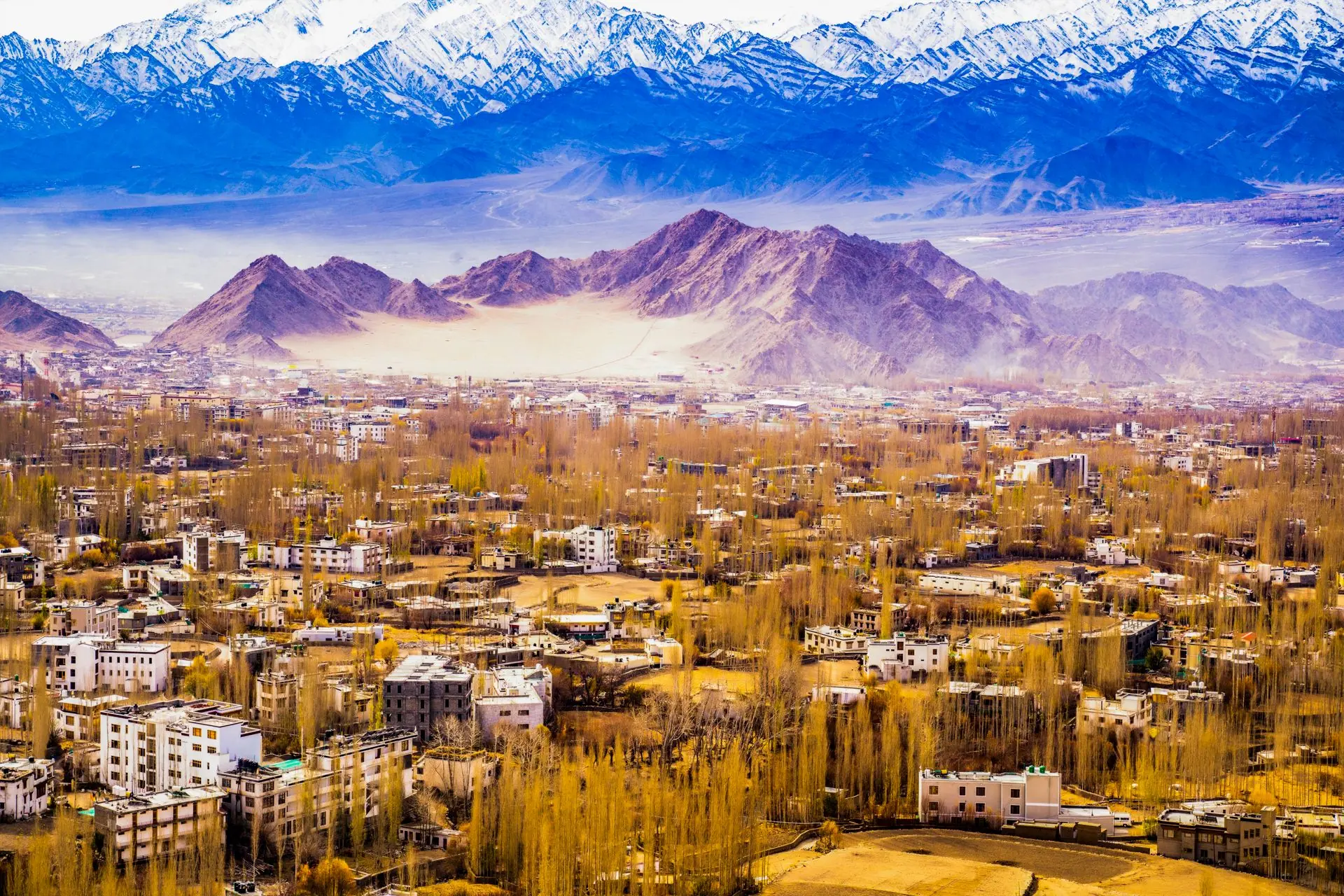Panoramic view of Leh Ladakh city with mountains under a clear sky