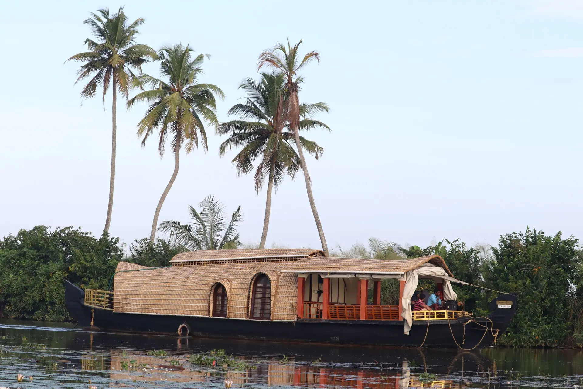 Traditional houseboat cruising on serene Kerala backwaters lined with palm trees