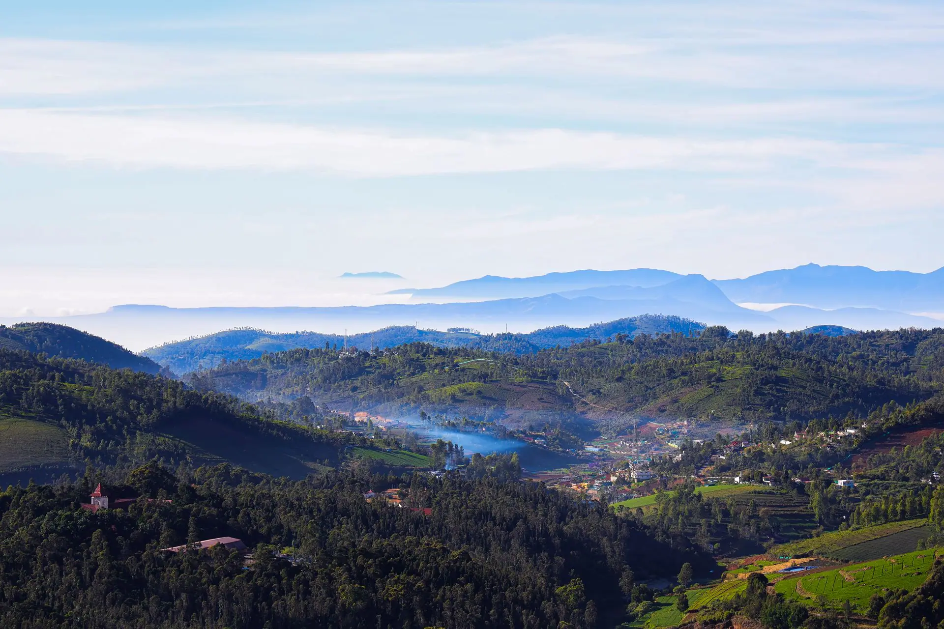 A breathtaking aerial capture of Ooty's lush green hills and serene landscape