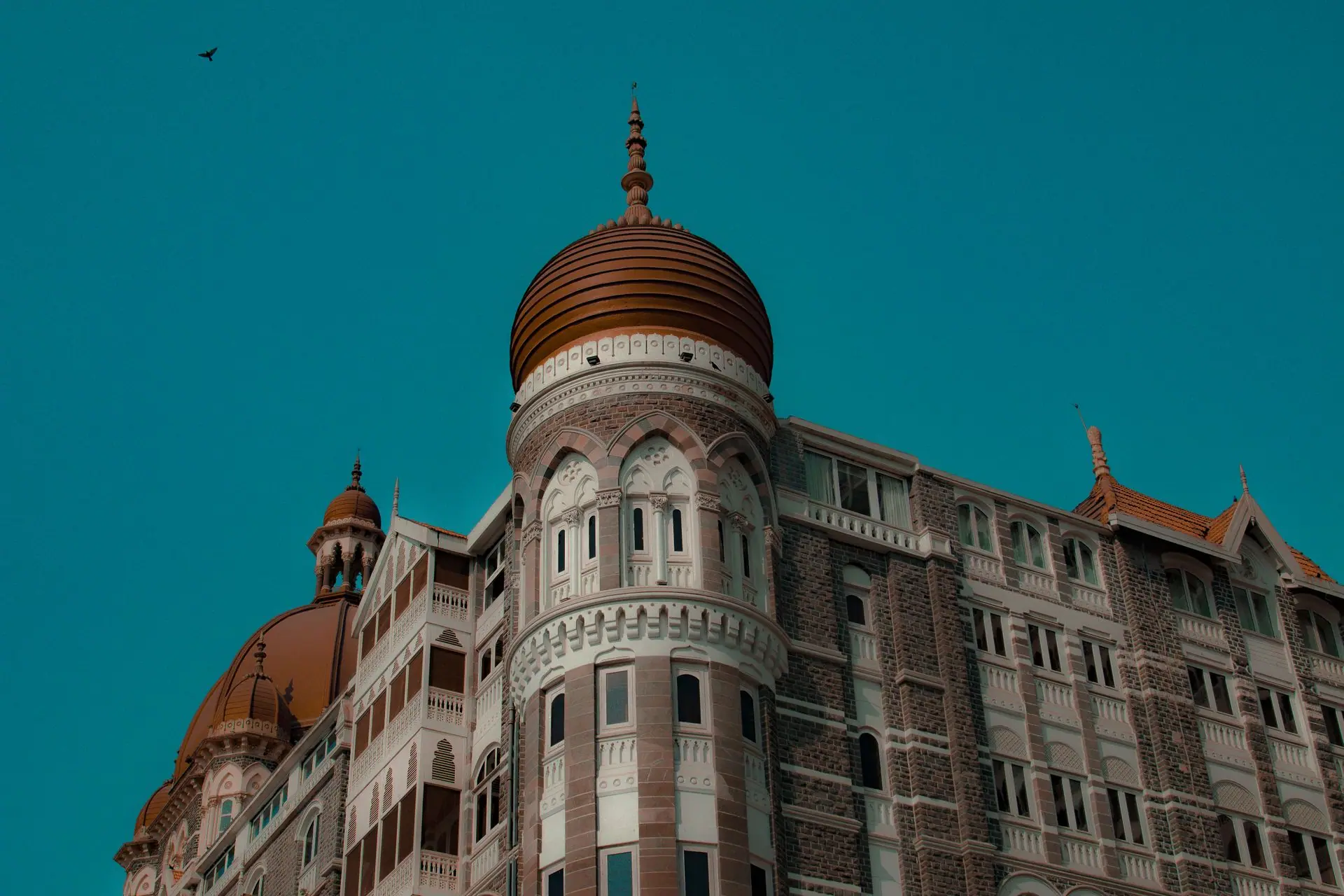 Majestic view of the iconic Taj Mahal Palace Hotel in Mumbai, featuring its impressive architecture