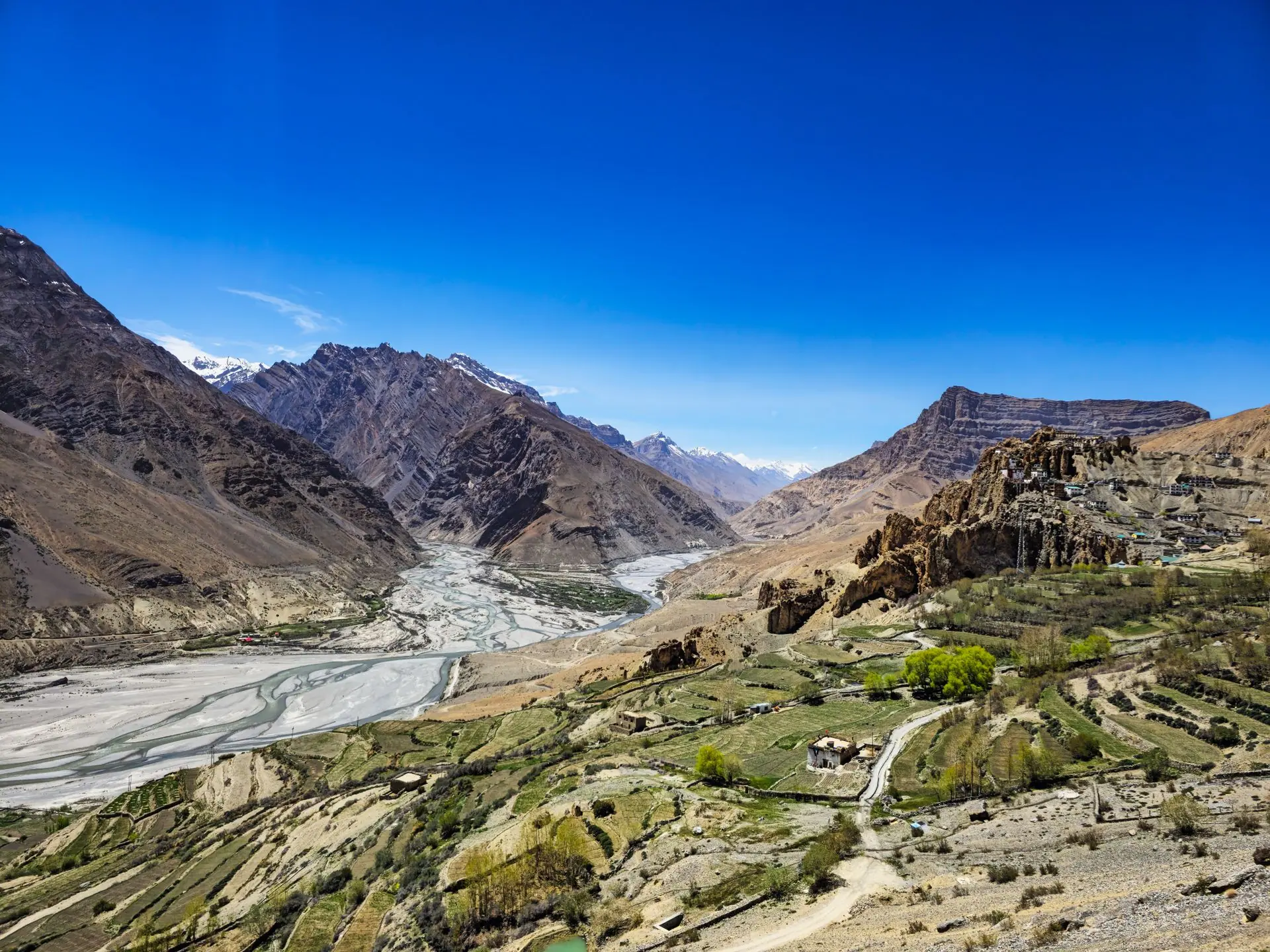 Panoramic view of Spiti Valley with rugged mountains and winding river under a clear blue sky