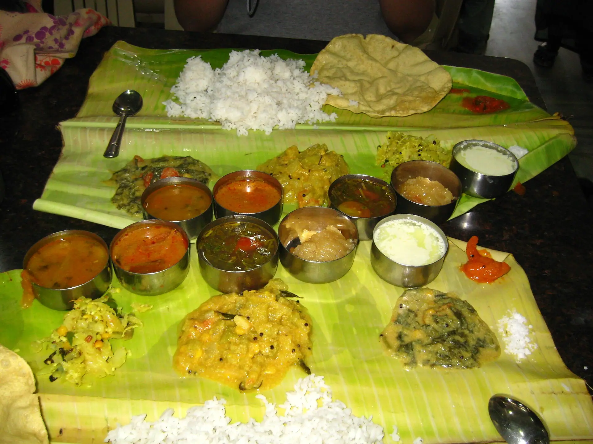 A Thali, famous South Indian meal served on a banana leaf